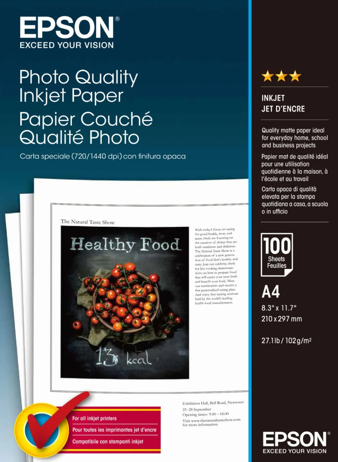 EPSON® Carta a getto d'inchiostro Photo Quality Inkjet Paper A4, 102 g/m², bianco opaco (100 fogli), riceverete 1 confezione da 100 fogli