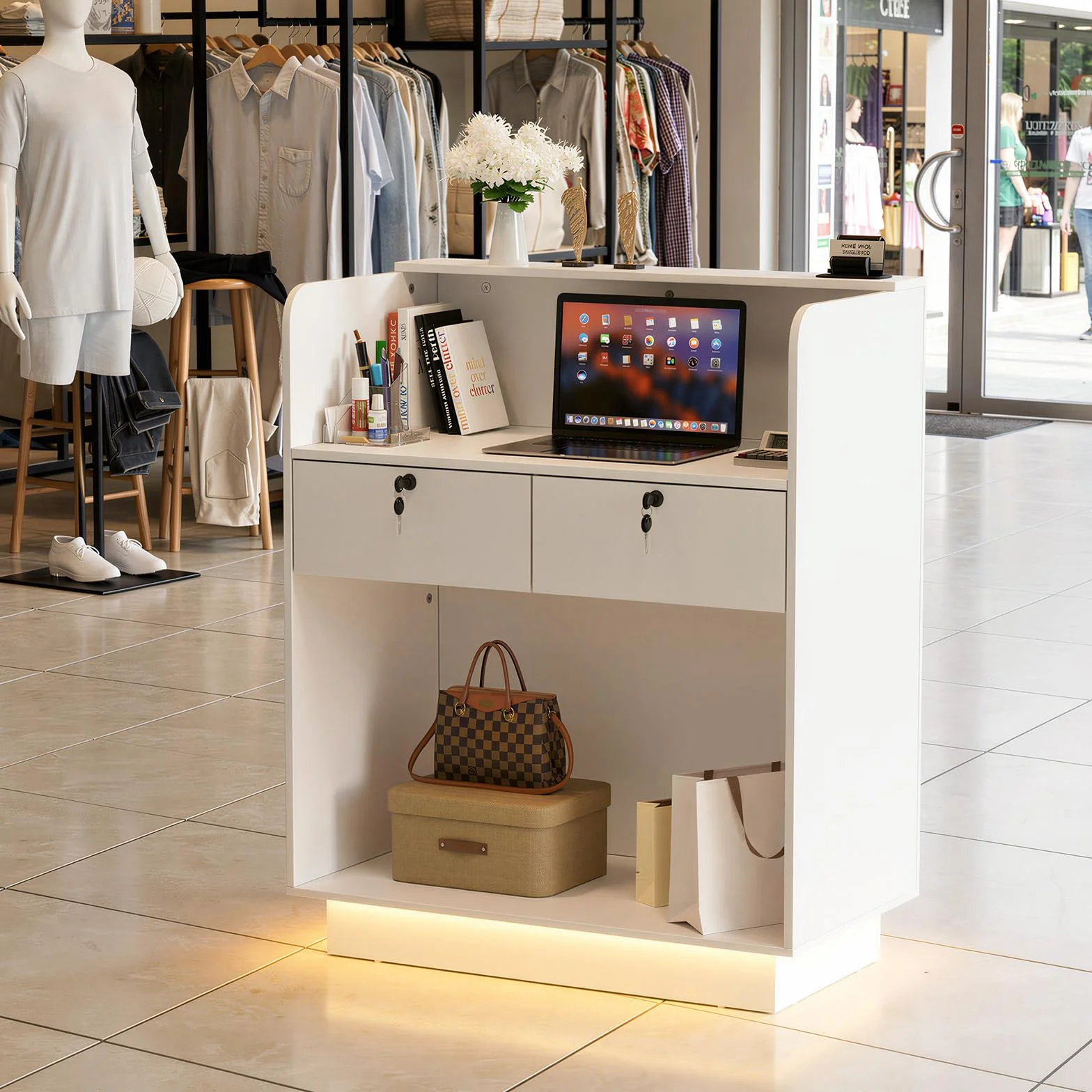 MSFE Banco Receptio Piccolo con LED, Bancone Reception con Cassetti, Bancone Cassa, Armadio Bancon Vendita, Mobili per reception, per Hotel, Ufficio,Centro Estetico,103X80X45cm