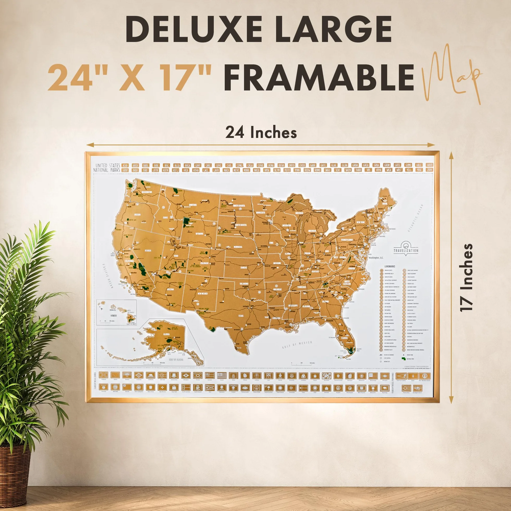 Travelization Mappa da grattare dei parchi nazionali degli Stati Uniti - Poster con mappa degli Stati Uniti da grattare 24 x 17 con parchi nazionali, monumenti, vette