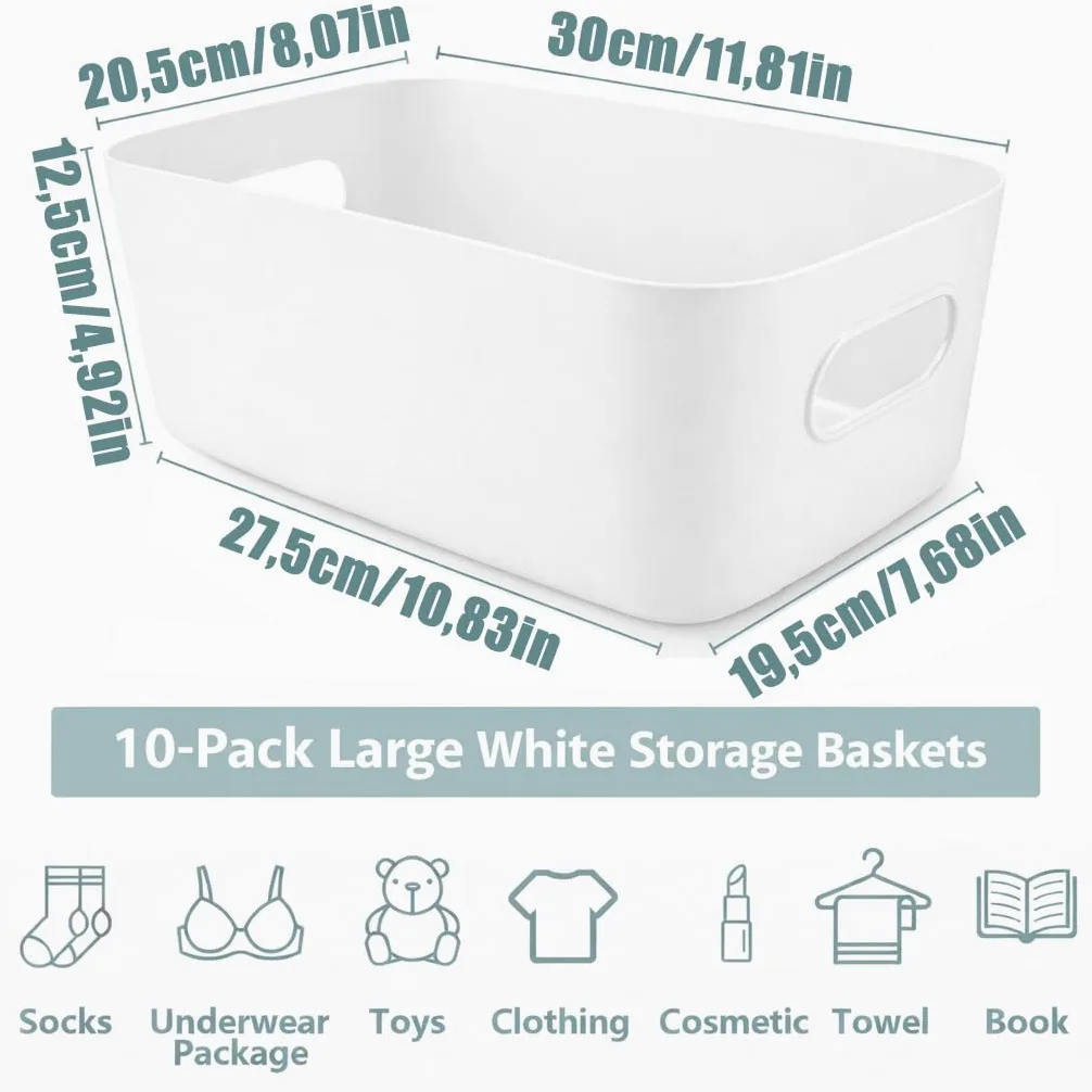 SHUESS 10 scatole portaoggetti in plastica, 30 x 20 x 12,5 cm, grandi cesti bianchi, scatole portaoggetti in plastica con manico, scatole impilabili per cucina