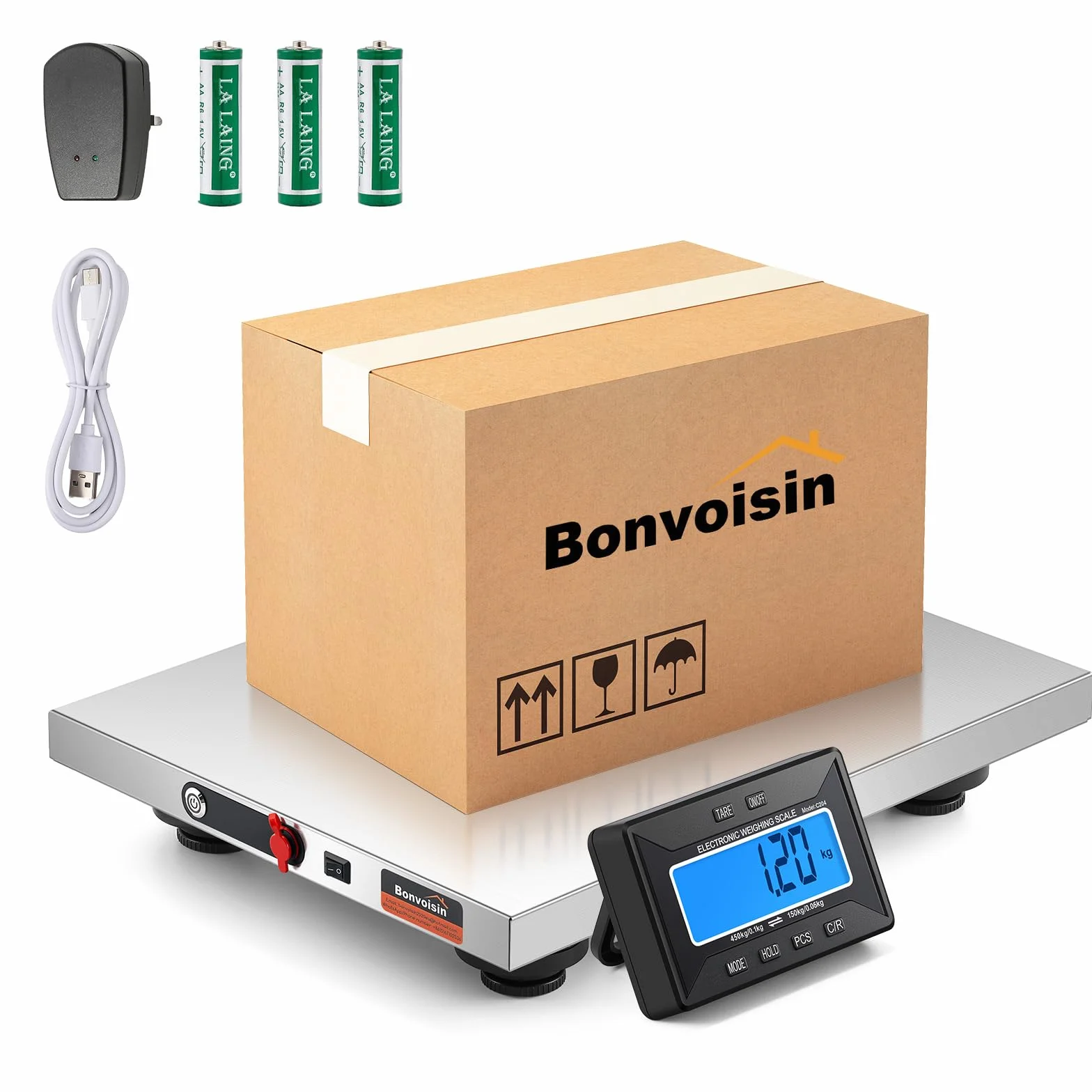 Bonvoisin Bilancia Postale Senza Fili 450kg/660lb con Display LCD Separato, Piattaforma Acciaio Inox, Doppia Alimentazione a Batterie & Rete, kg/lb/oz/lb:oz, Funzioni TARA/HOLD/COUNT (450kg GB)