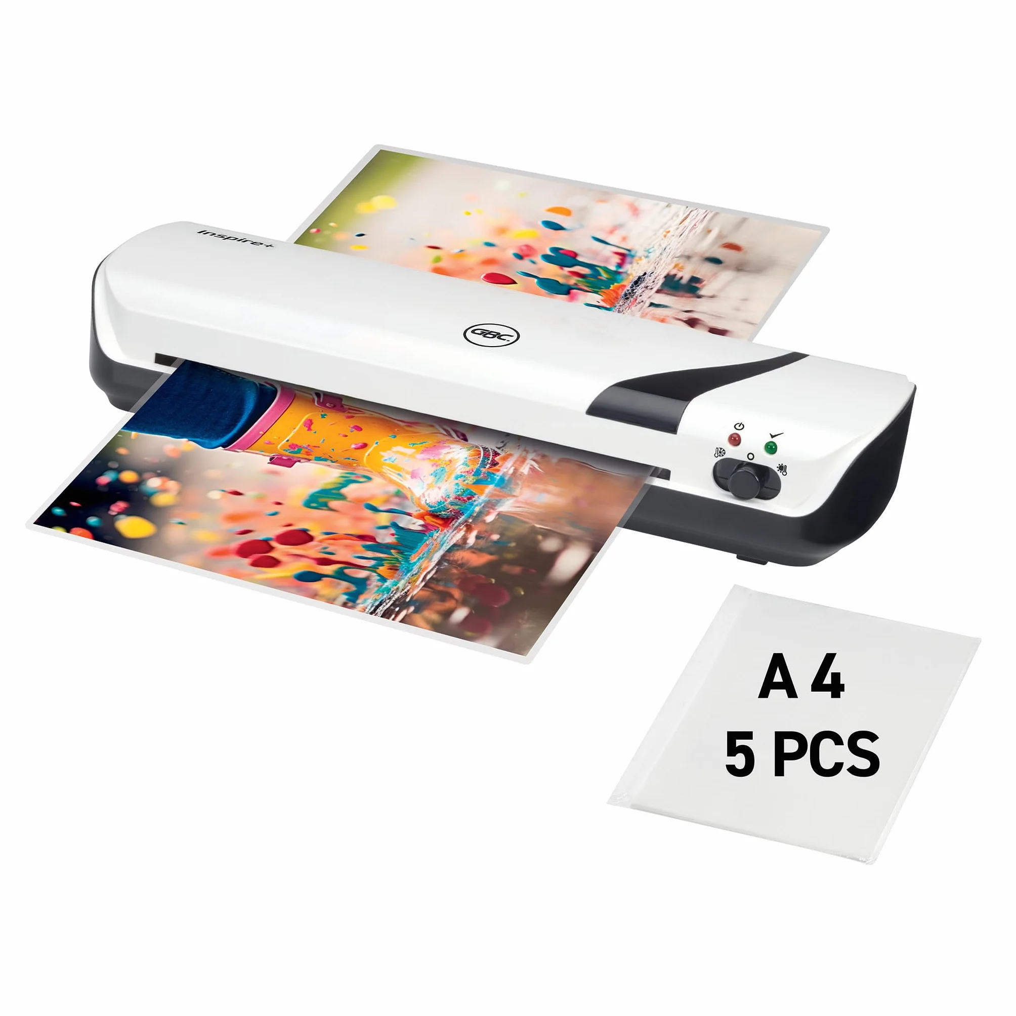 GBC Inspire+/Rexel Style 2104511 - Laminatrice A4, con 5 buste per plastificazione a freddo e termica, formato A4, tempo di riscaldamento rapido di 4 minuti, ideale per casa e ufficio, colore: bianco