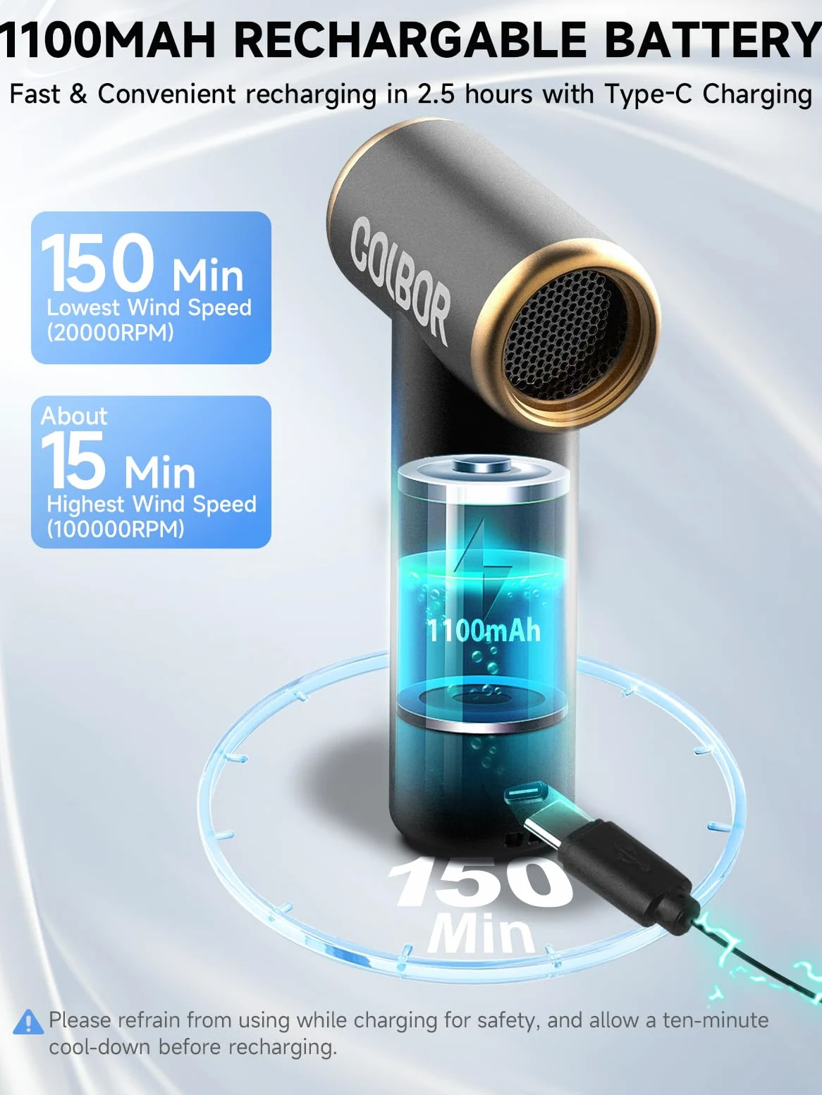 Colbor AirMaxx A1 - Soffiatore d'aria elettrico, 10000 giri/min, senza fili, con luce LED e ugello, pulitore ad aria compressa ricaricabile, per tastiera PC, spolverino ad aria compressa