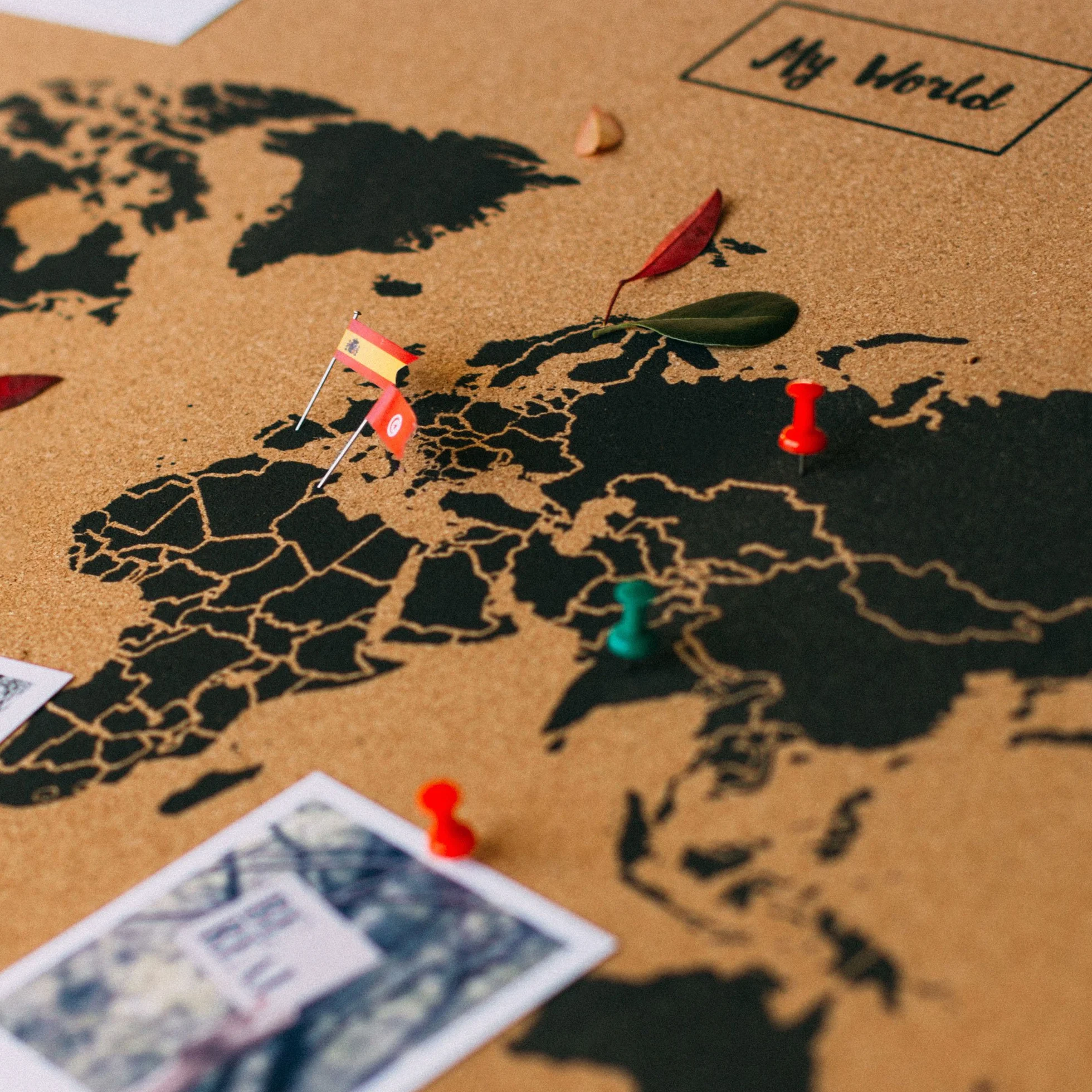 Miss Wood Map XL, Mappa del mondo di Sughero, 60 x 90 cm, Naturale/Nero