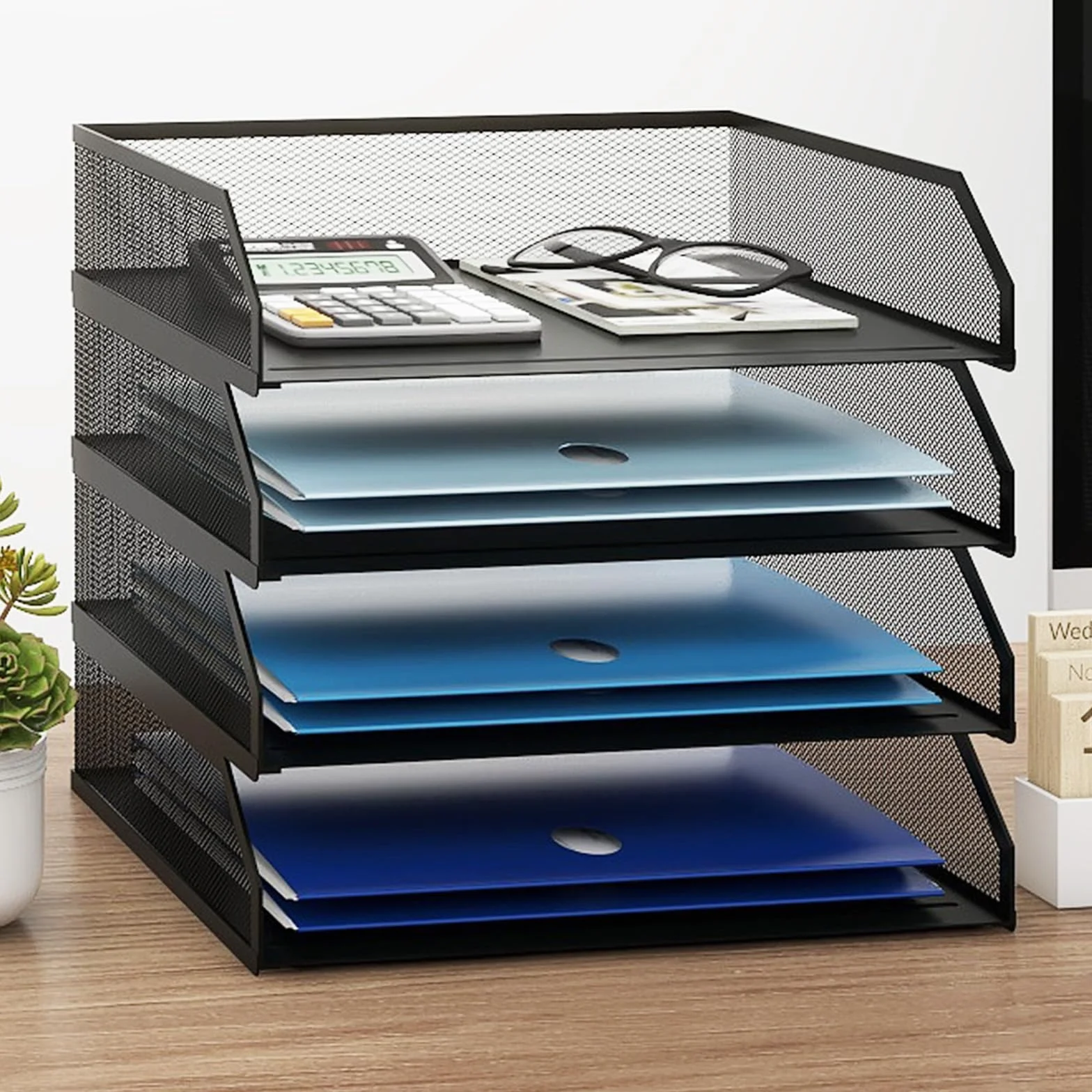 PUNCIA Larghezzaways - Organizer per documenti da ufficio, formato A4, a 4 livelli, colore: bianco, con supporto impilabile, per casa, ufficio, scuola, colore nero