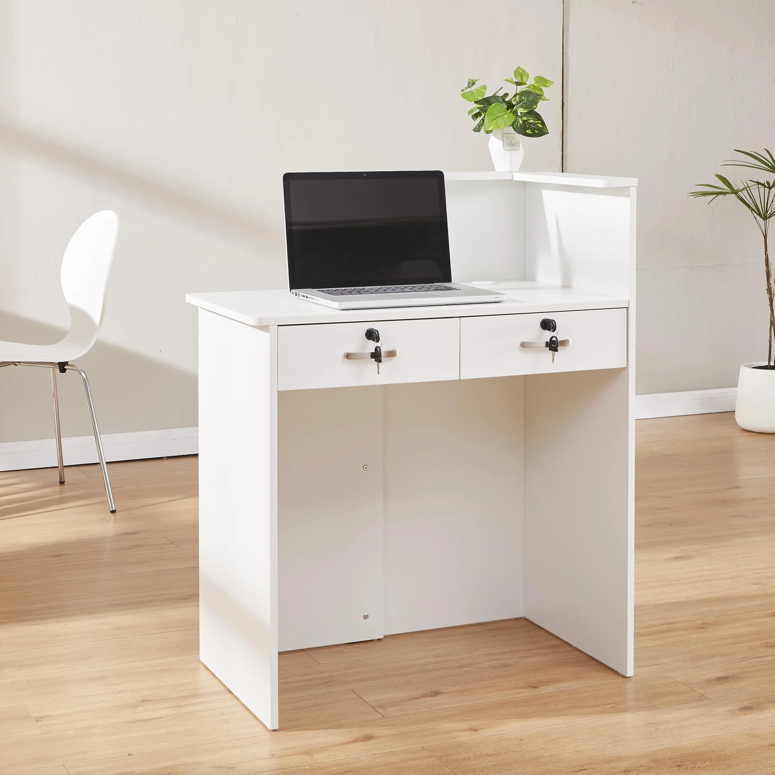 Bancone Reception Piccolo 80 cm Banco Reception in Legno Moderno con Cassetti a Chiave e Ripiani, Scrivania Cassa Compatta Bianco o Nero per Centro Estetico, Parrucchiere, Salone e Negozio