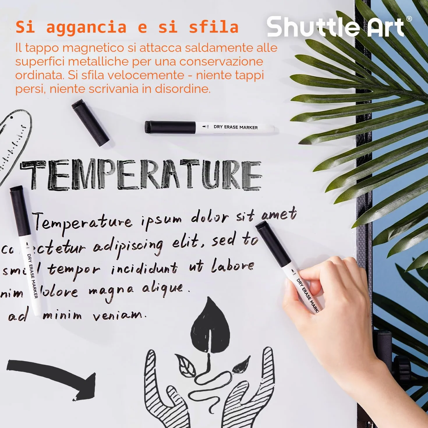 Shuttle Art Pennarelli Lavagna Bianca Cancellabili Punta Fine, 15 Neri, Pennarello Bianco Secco per Scritte Ufficio Casa