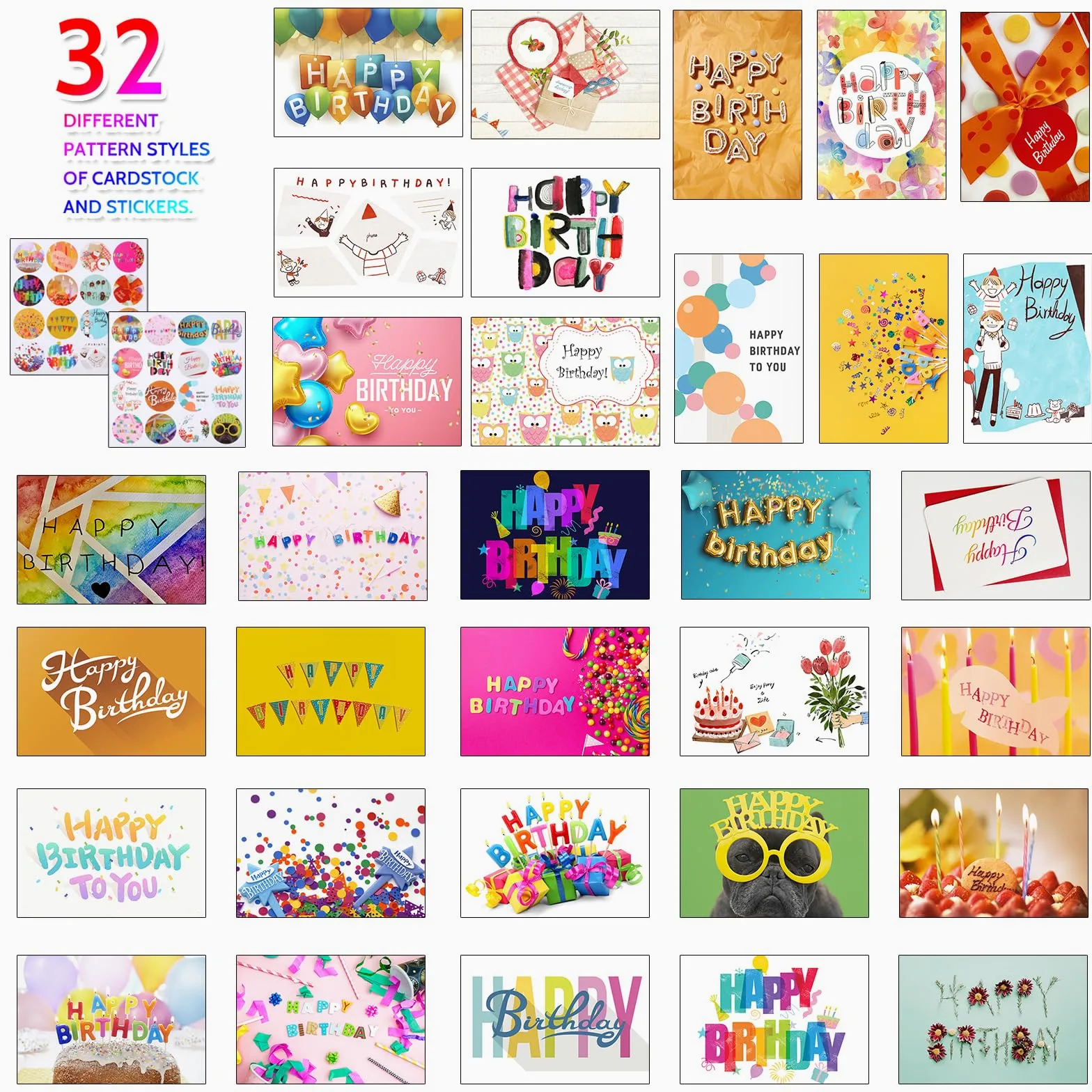 Joyberg 32 biglietti di auguri di compleanno e buste autosigillanti, 10,2 x 15,2 cm, multi-stile, biglietti di compleanno per bambini, per scuola, ufficio, famiglia,