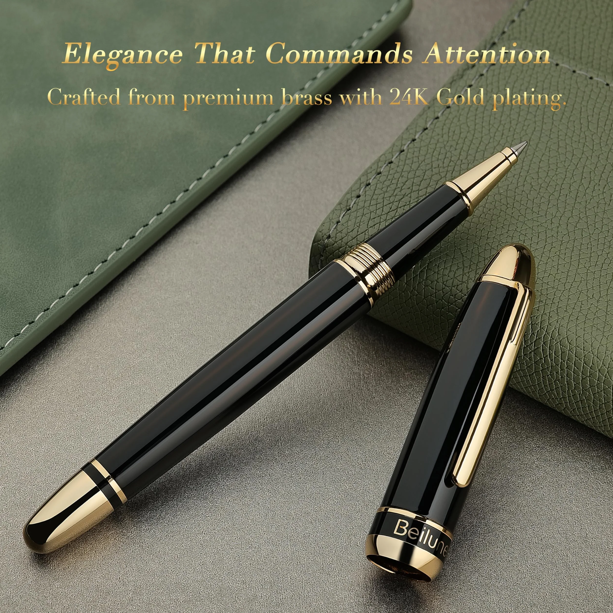 BEILUNER 315 Penna Rollerball di Lusso, Finitura Oro 24K Premium e Laccatura Piano Elegante, Set Regalo Dirigenziale per Professionisti e Laureati, Penna da Ufficio di Prestigio - Nero & Oro