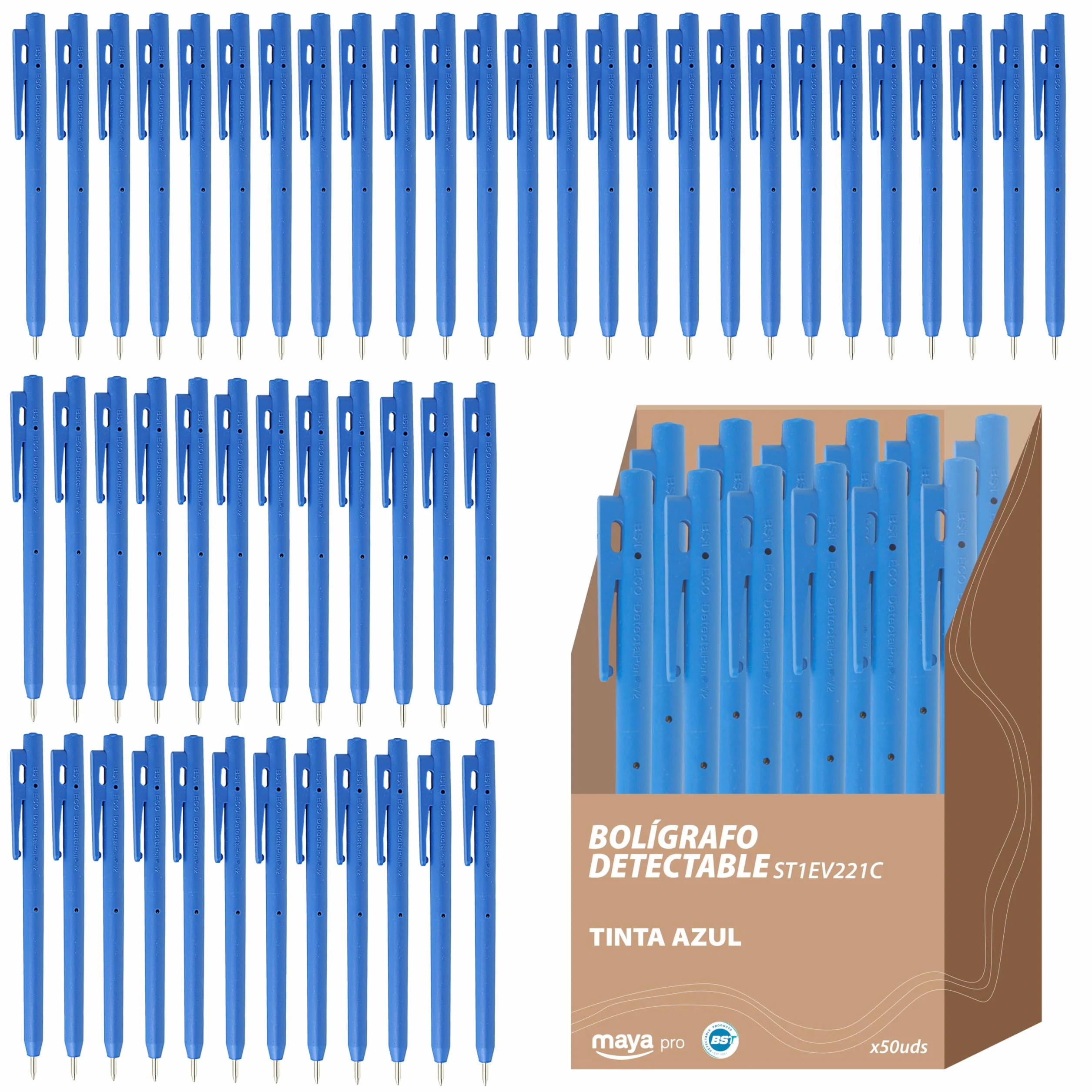 Maya Professional Tools ST1EV221C-2/2 Penna rilevabile in metallo e raggi X, inchiostro normale, con clip, 50 unità, corpo blu, inchiostro blu