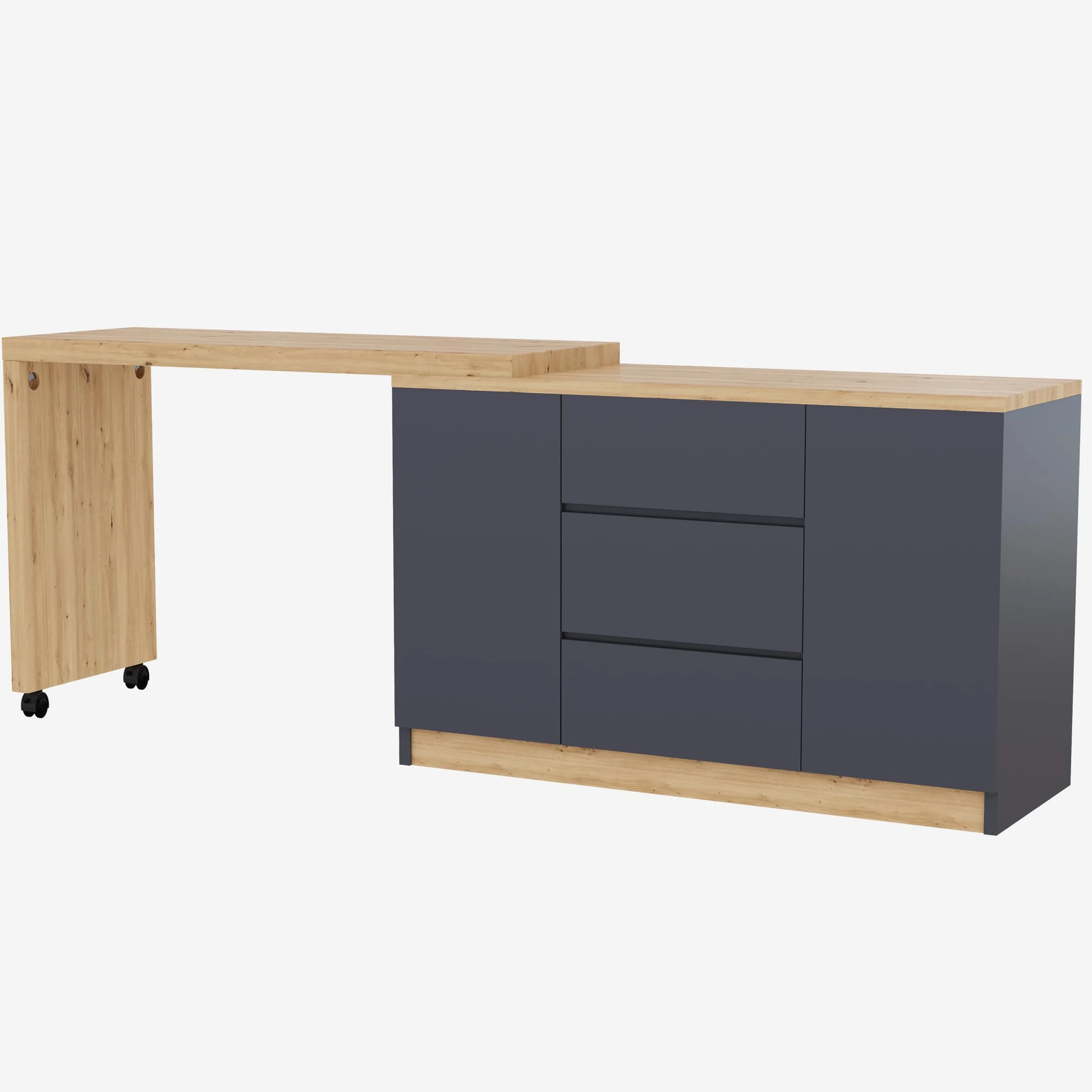 Scrivania con ruote bloccabili, design multifunzionale, 4 cm di spessore, piano girevole bloccabile, scrivania pieghevole, scrivania angolare, credenza (grigio + rovere)