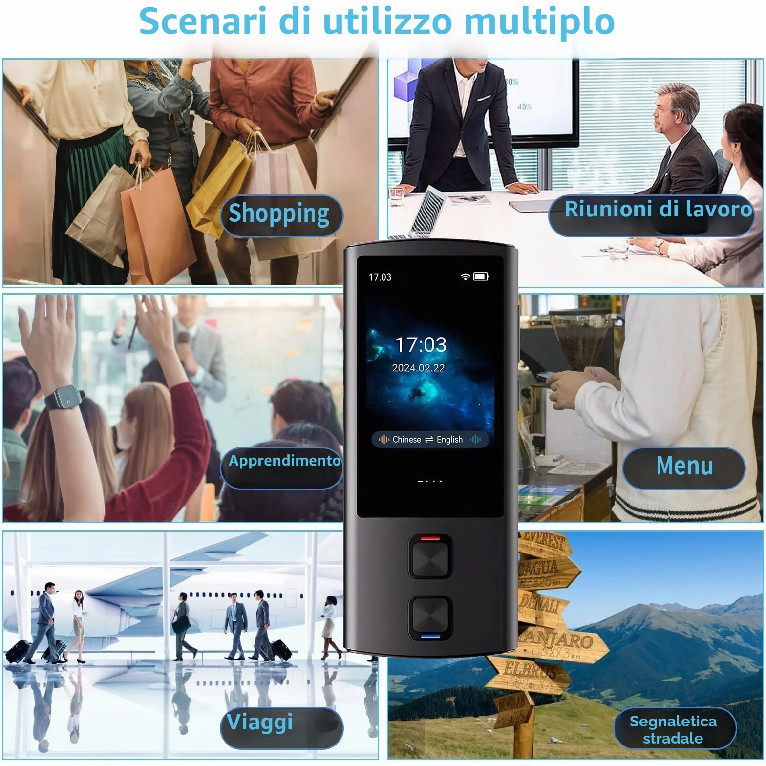Dispositivo traduttore linguistico, traduttore vocale AI bidirezionale per traduzione vocale/testo/offline/foto, 138 lingue online con touchscreen da 3 pollici per viaggi di apprendimento