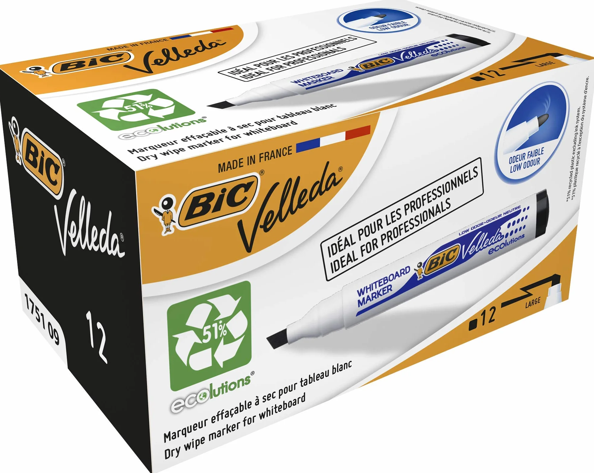 Bic Velleda 1751 Whiteboard Marker Chisel Tip 3.7-5.5mm Black Pack 12