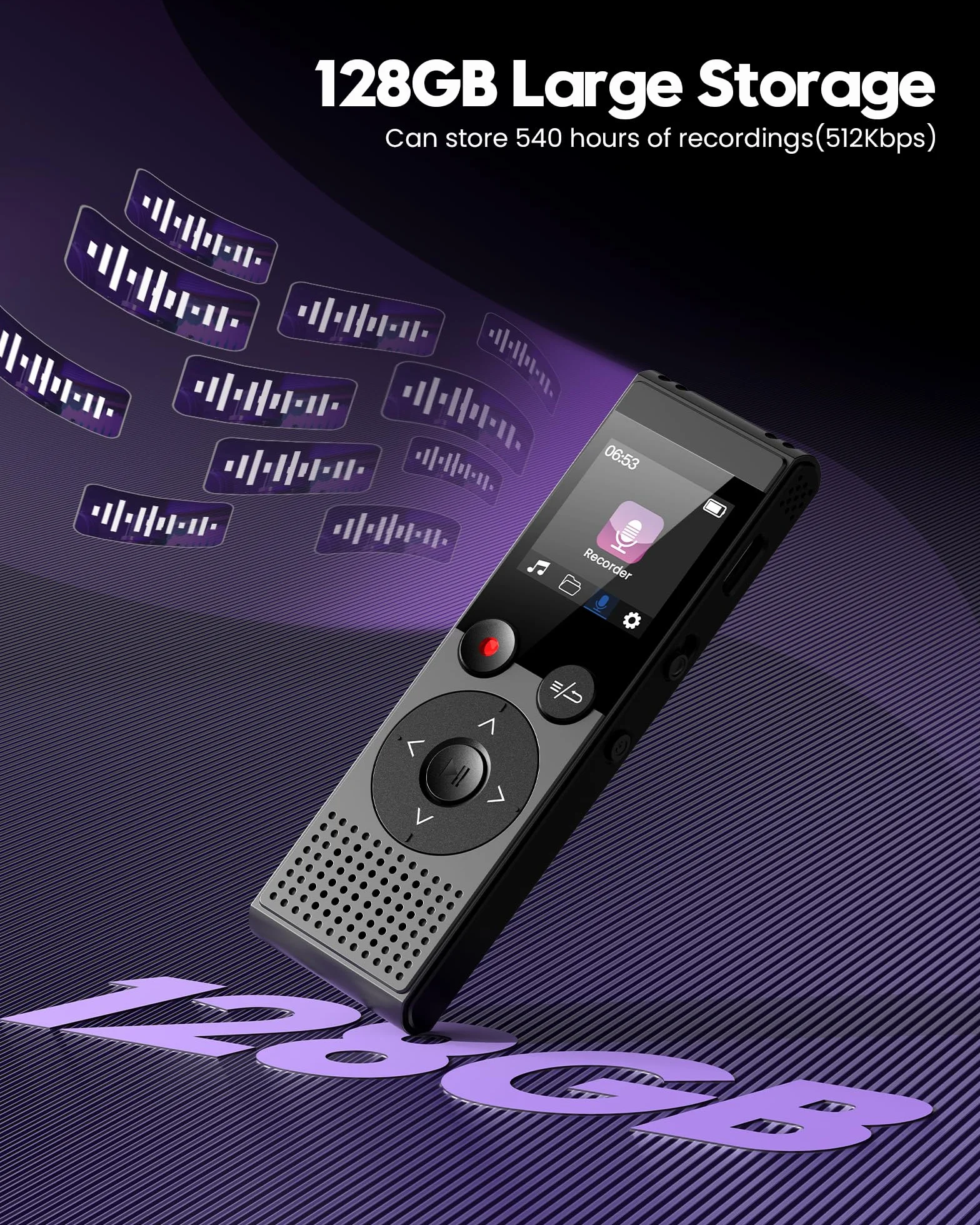 128GB Registratore Vocale Digitale Professionale - 3072Kbps Registratore Vocale Portatile Registratore Audio con Registrazione Rapida con Un Solo Pulsante Registrazione ad Attivazione Vocale