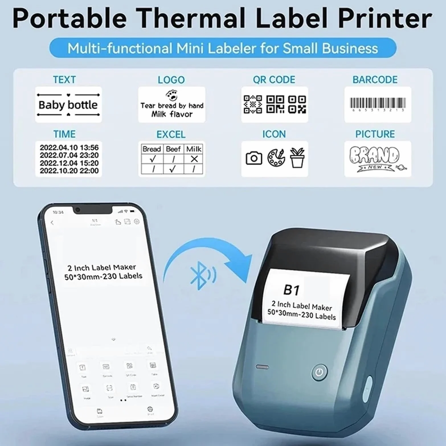 Etichettatrice, Stampante For Etichette Termiche B1 Portatile Bluetooth Wireless Autoadesiva Con Codice A Barre E Prezzo,per casa, cucina, ufficio