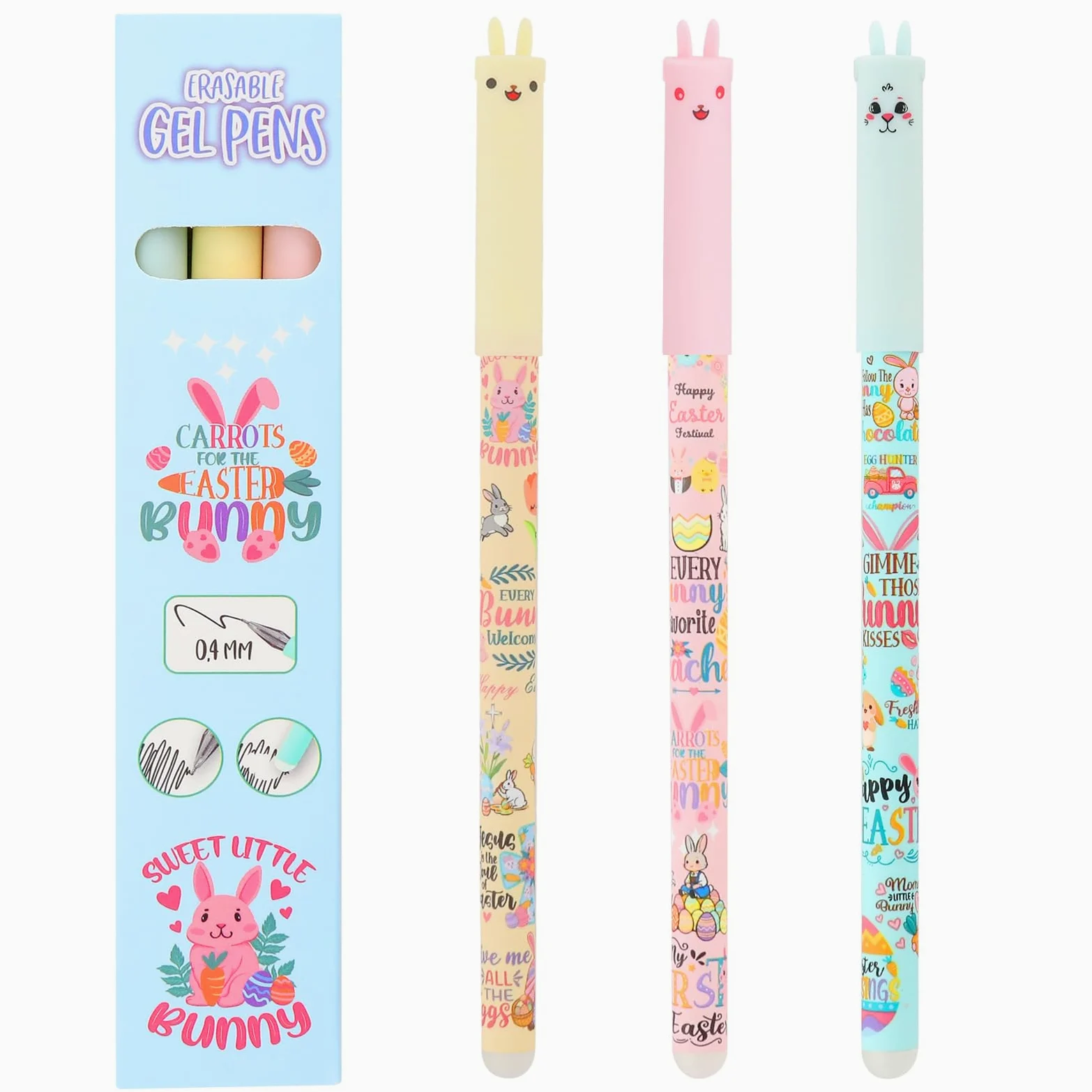 Confezione da 3 penne cancellabili a forma di coniglietto pasquale con inchiostro gel e gomma, inchiostro sensibile al calore, design carino a forma di animale, per la scuola e regali di