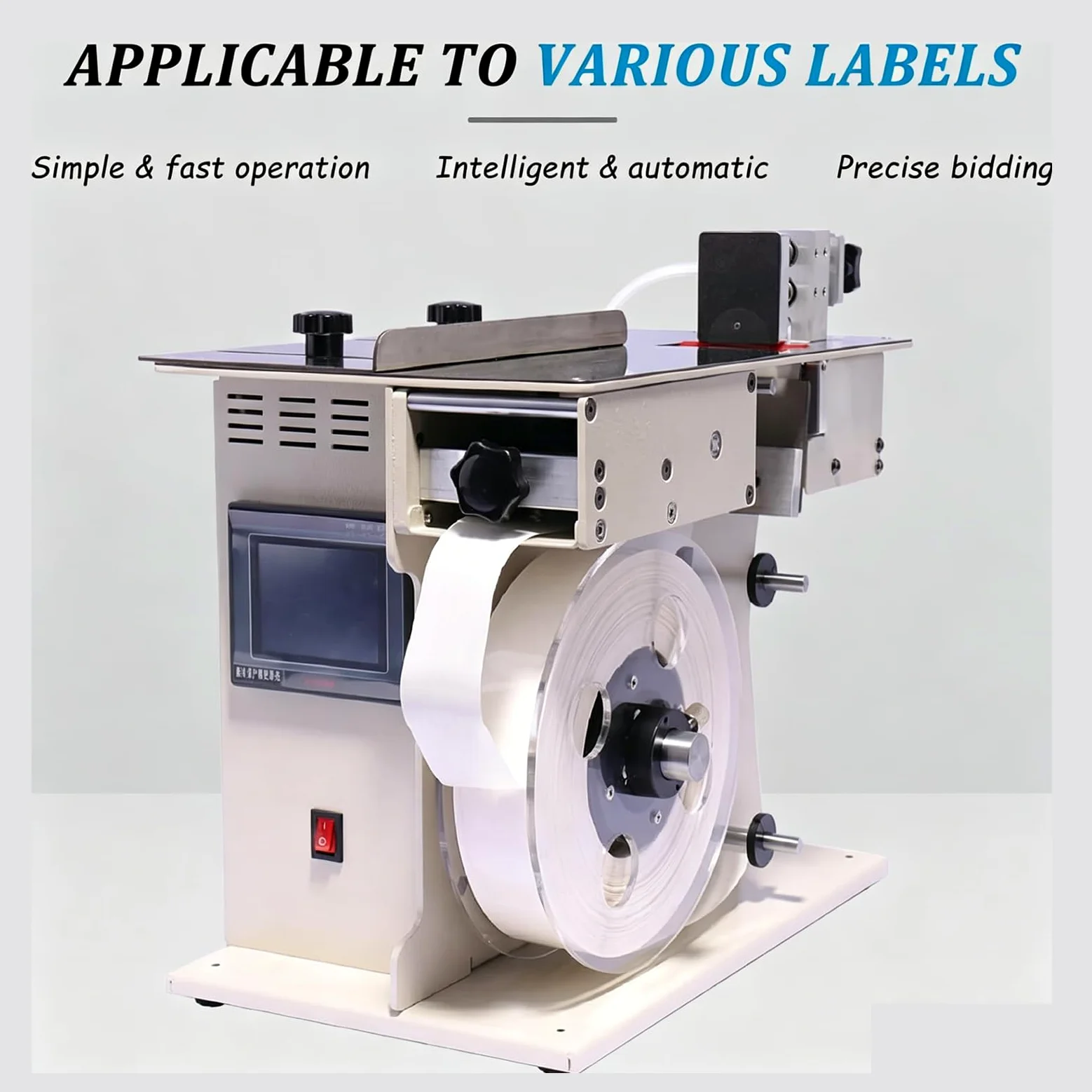 Etichettatrice automatica ad angolo retto, applicatore di etichette angolari da 200 W con regolazione di velocità e lunghezza, controllo touch screen, corpo in metallo resistente per attività di