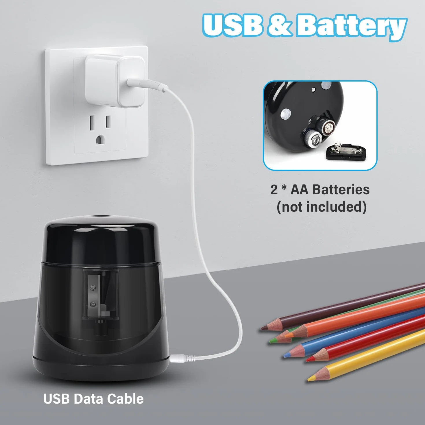 Temperamatite Elettrico Ricaricabile USB per Bambini 7-12 mm, con Serbatoio, per Casa Ufficio Scuola