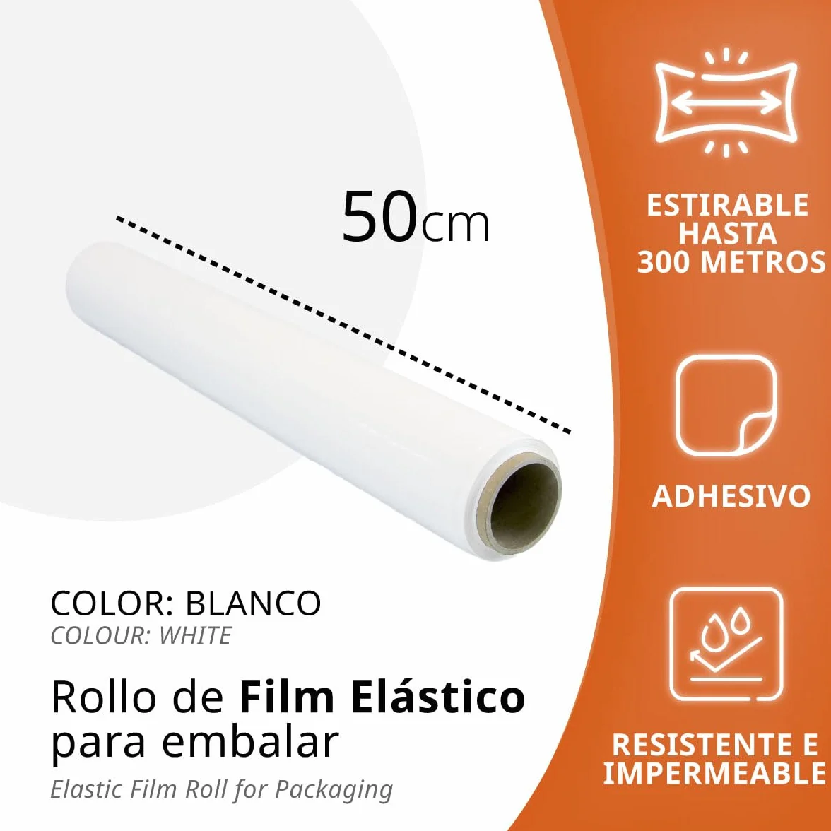OFITURIA Pellicola bianca per imballaggio da 50 cm x 200 metri di lunghezza – rotolo di pellicola elastica manuale per l'imballaggio industriale – 10 unità