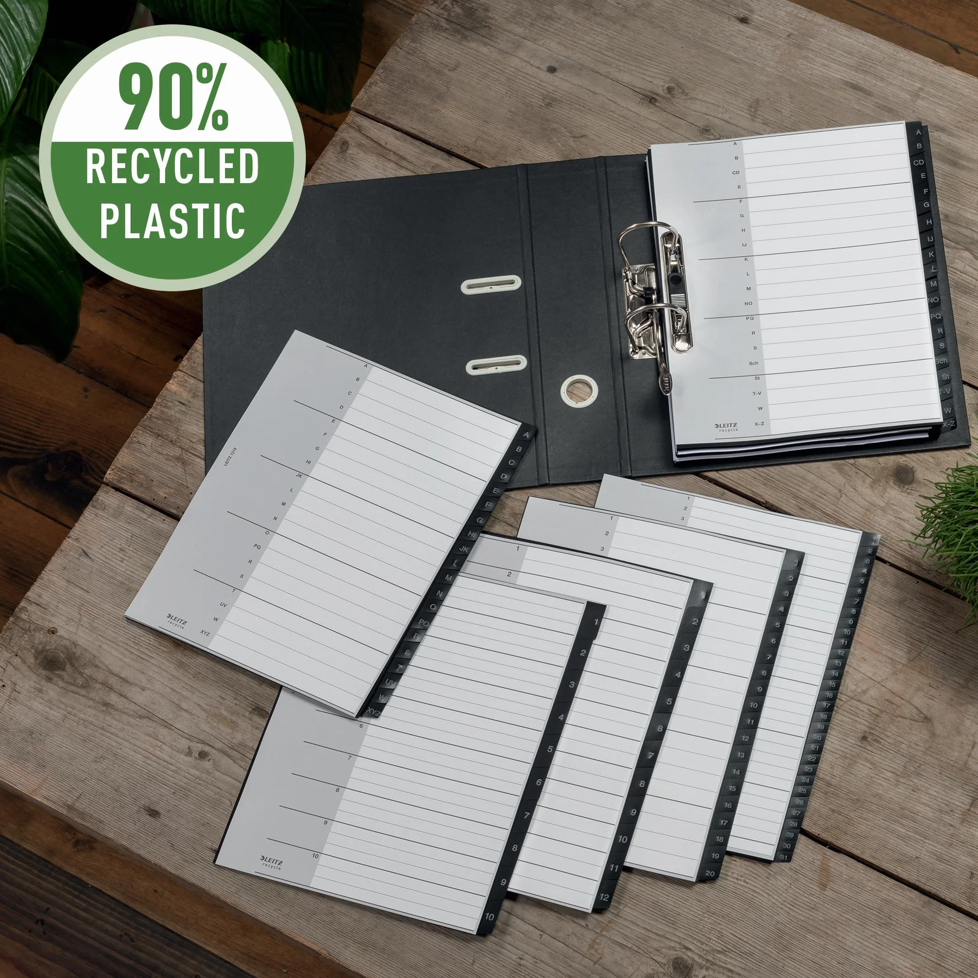 Leitz Recycle Indice, 20 Schede A-Z, A4 Extra Largo, Plastica Riciclata 90%, Nero