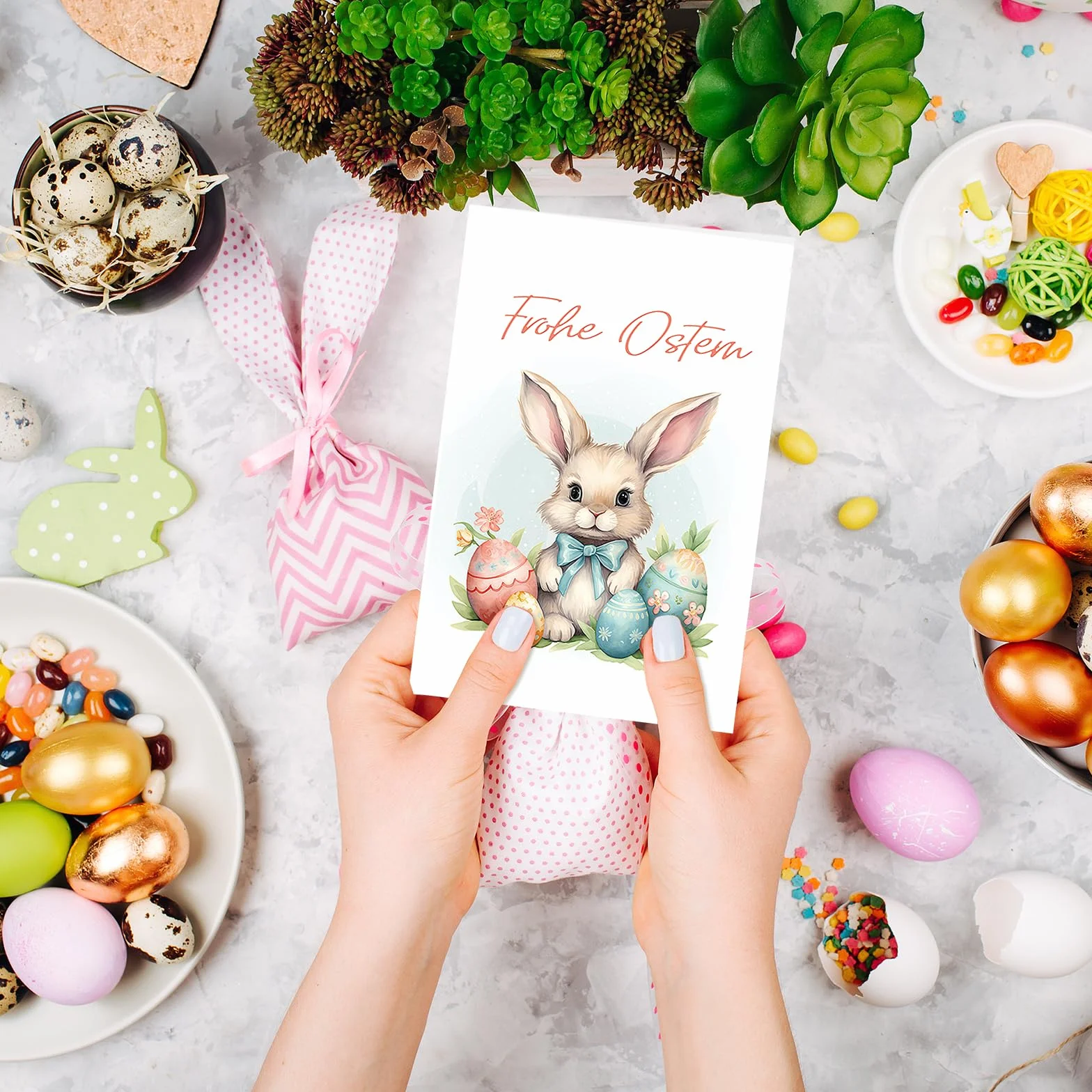 Zestaw 12 niemieckich kartek wielkanocnych z kopertami, otwieranych, z zajączkami i jajkami, Happy Easter