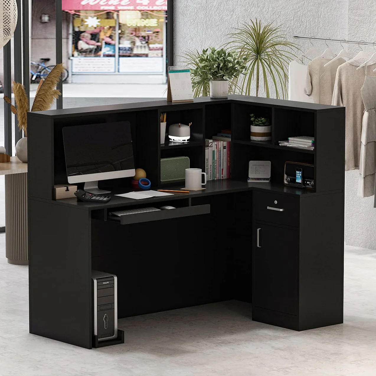 Banco reception, banco reception, tavolo da reception con vassoio per computer e ripiano rimovibile, banco reception con 1 cassetto e 1 armadio, banco reception, MDF, 140 x 80 x 120 cm