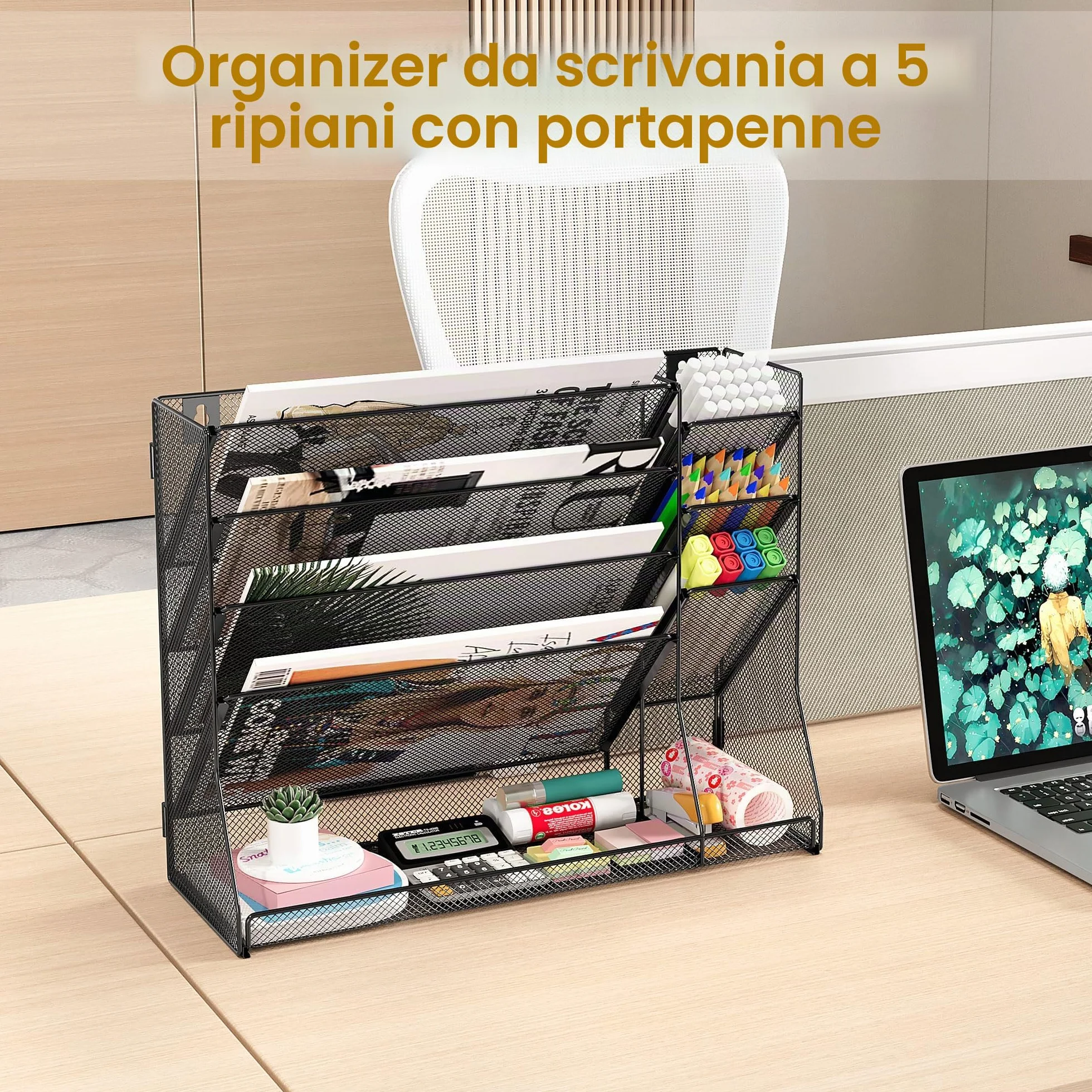 TQVAI 5 Ripiani Organizer Documenti Parete con 3 Scomparti Porta Penne Organizer Scrivania Metallo Portariviste Parete Scaffale per Documenti A4 Organizzatore Ufficio Casa, Nero