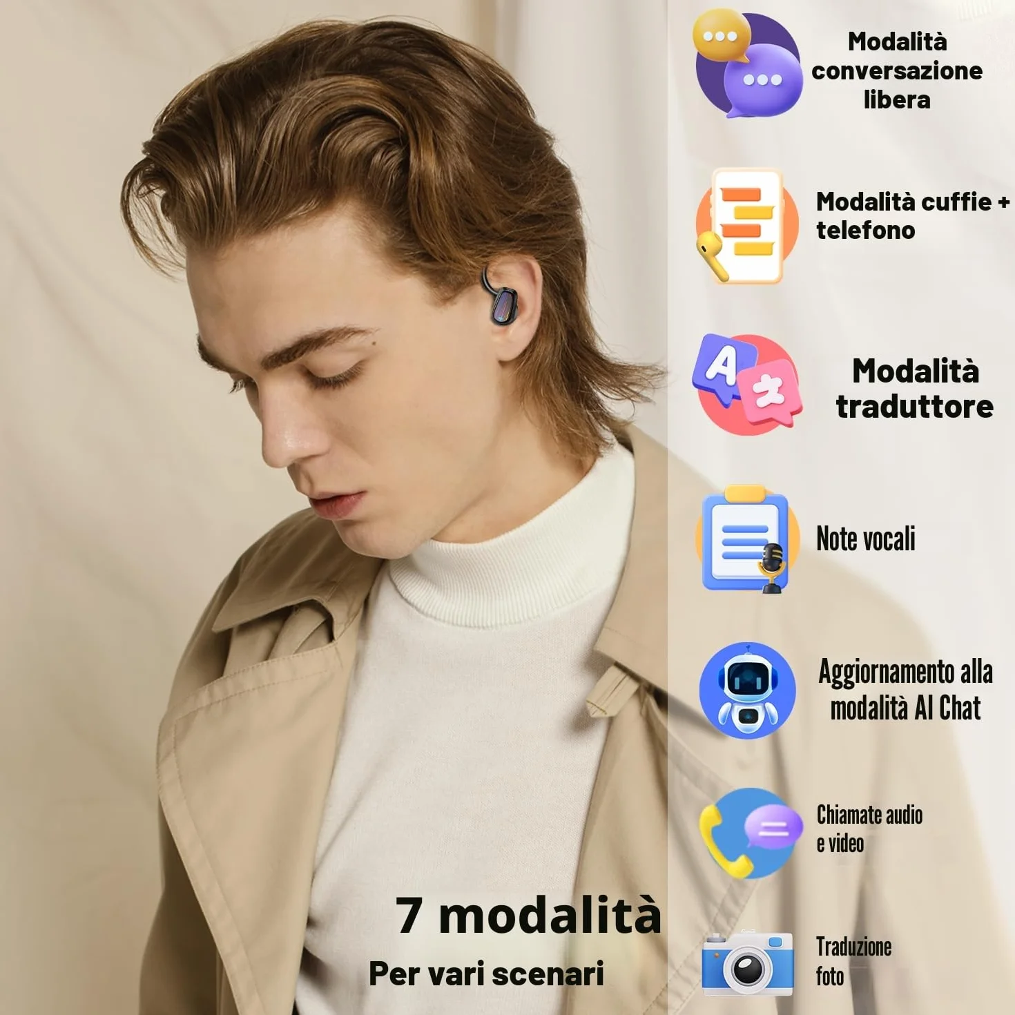 AI Cuffie Traduzione Simultanea, 50Ore Bluetooth 5.4 Auricolari con 164 Lingue/6 Modalità di Traduzione, 3 in 1 Auricolari Traduttori Istantanei con ENC Mic, Cuffie Bluetooth con APP per Viaggi/Affari