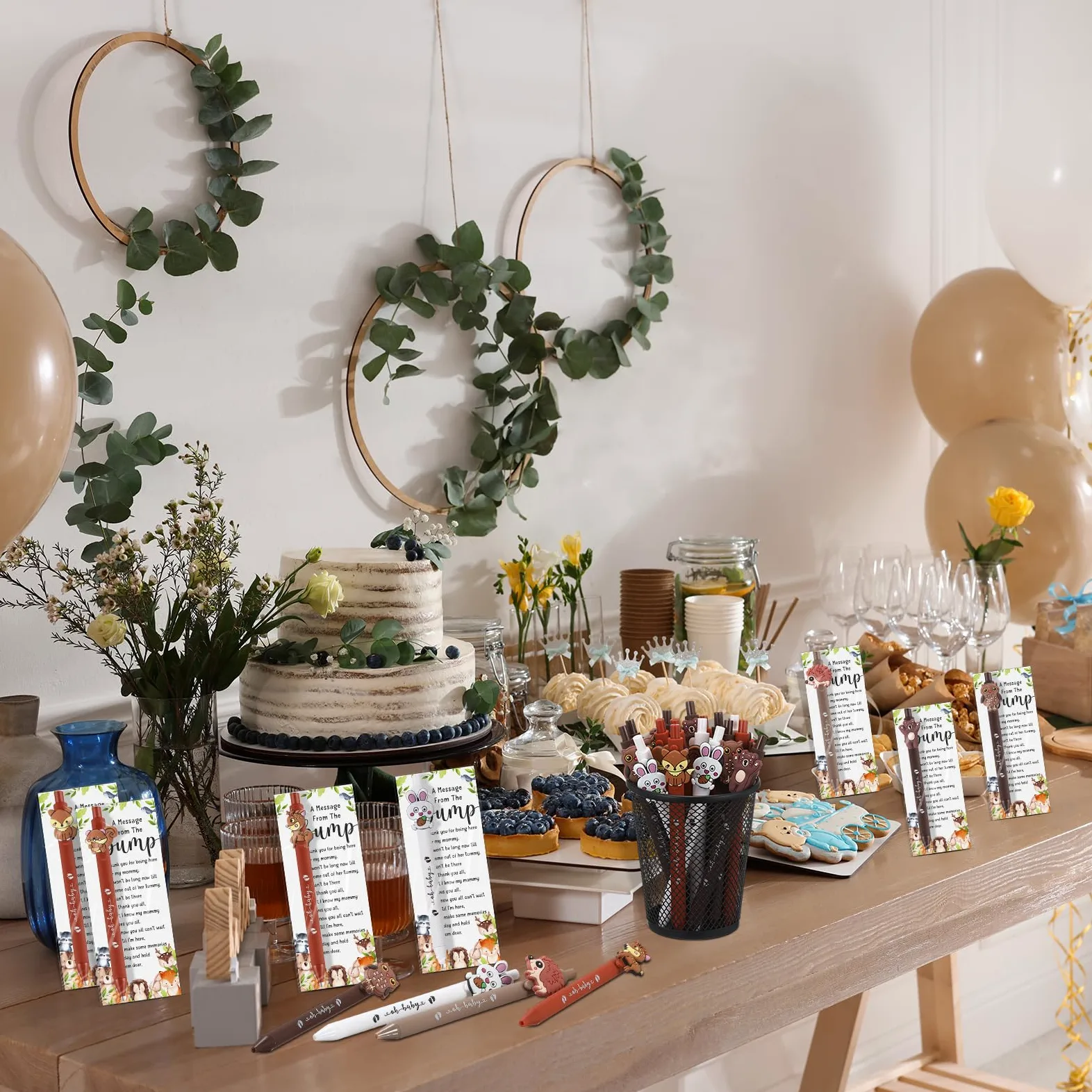 Qeeenar Set di 50 penne per baby shower per gli ospiti, tra cui penne a sfera e biglietti di ringraziamento per baby shower, con sacchetti in polipropilene orientato per rivelare il genere a tema