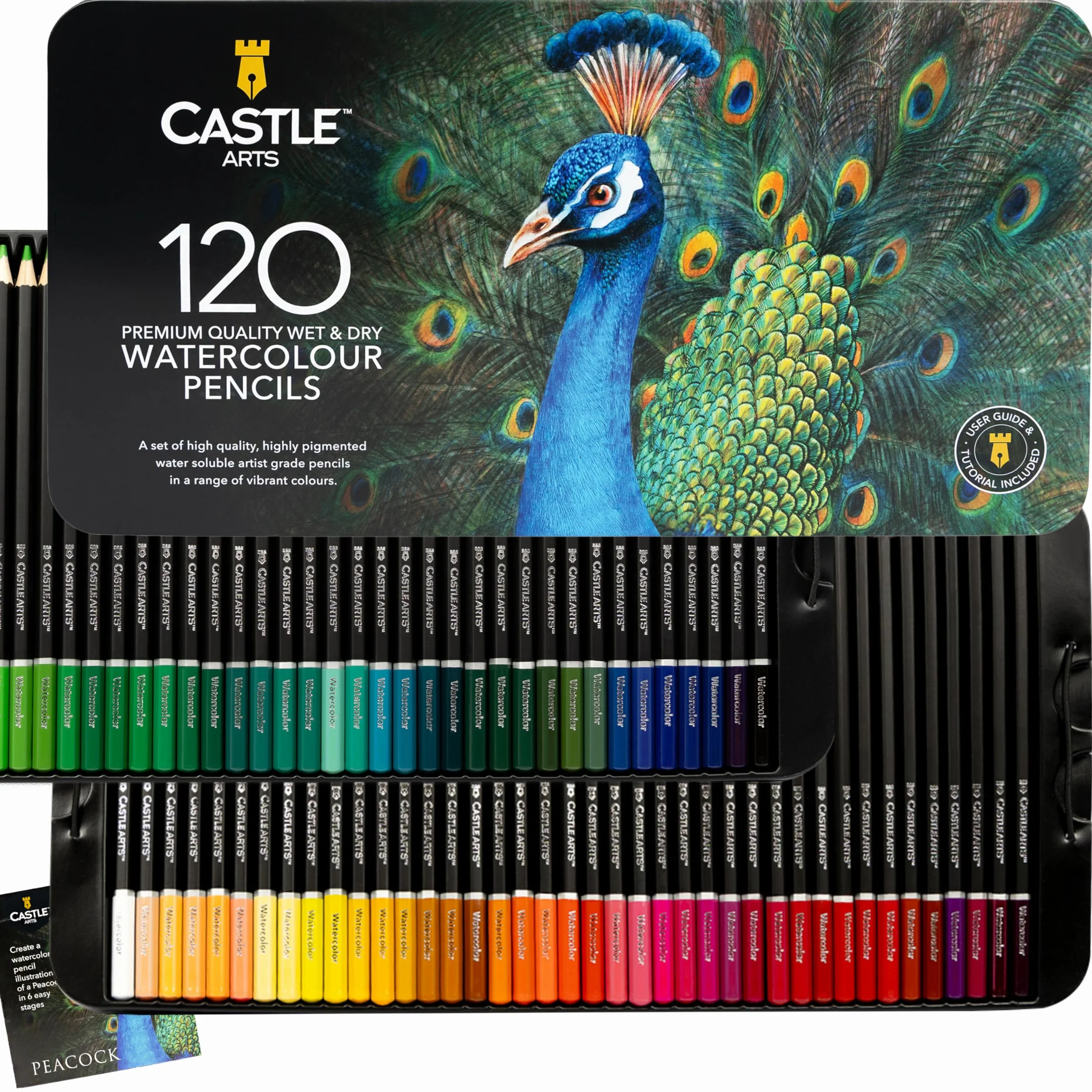 Castle Art Supplies Set di 120 Matite Acquerellabili, Pigmenti Vibranti, Cofanetto di Metallo