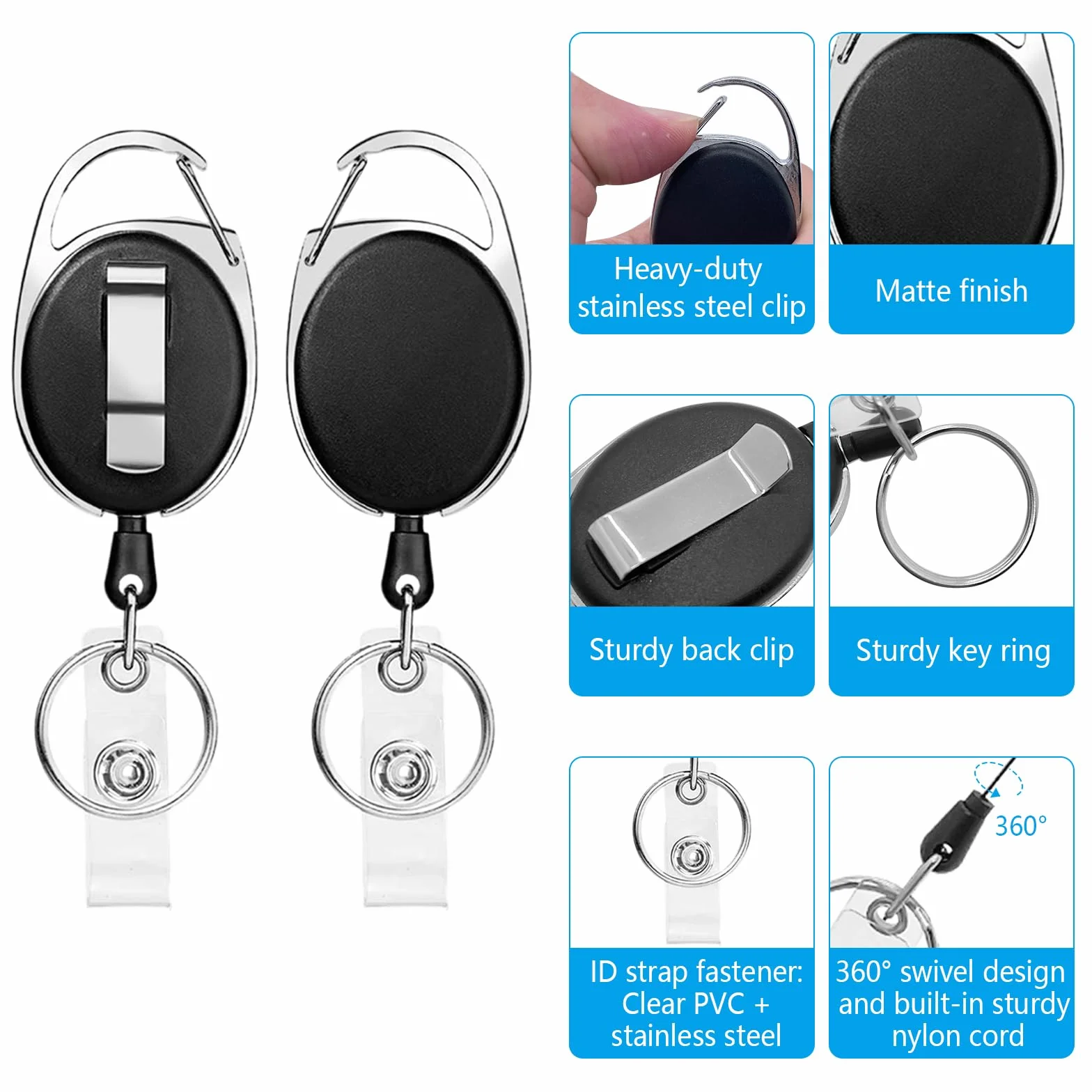 Porta Badge Retrattile 2Pcs Clip a Bobina con Portachiavi per Carte d'Identità