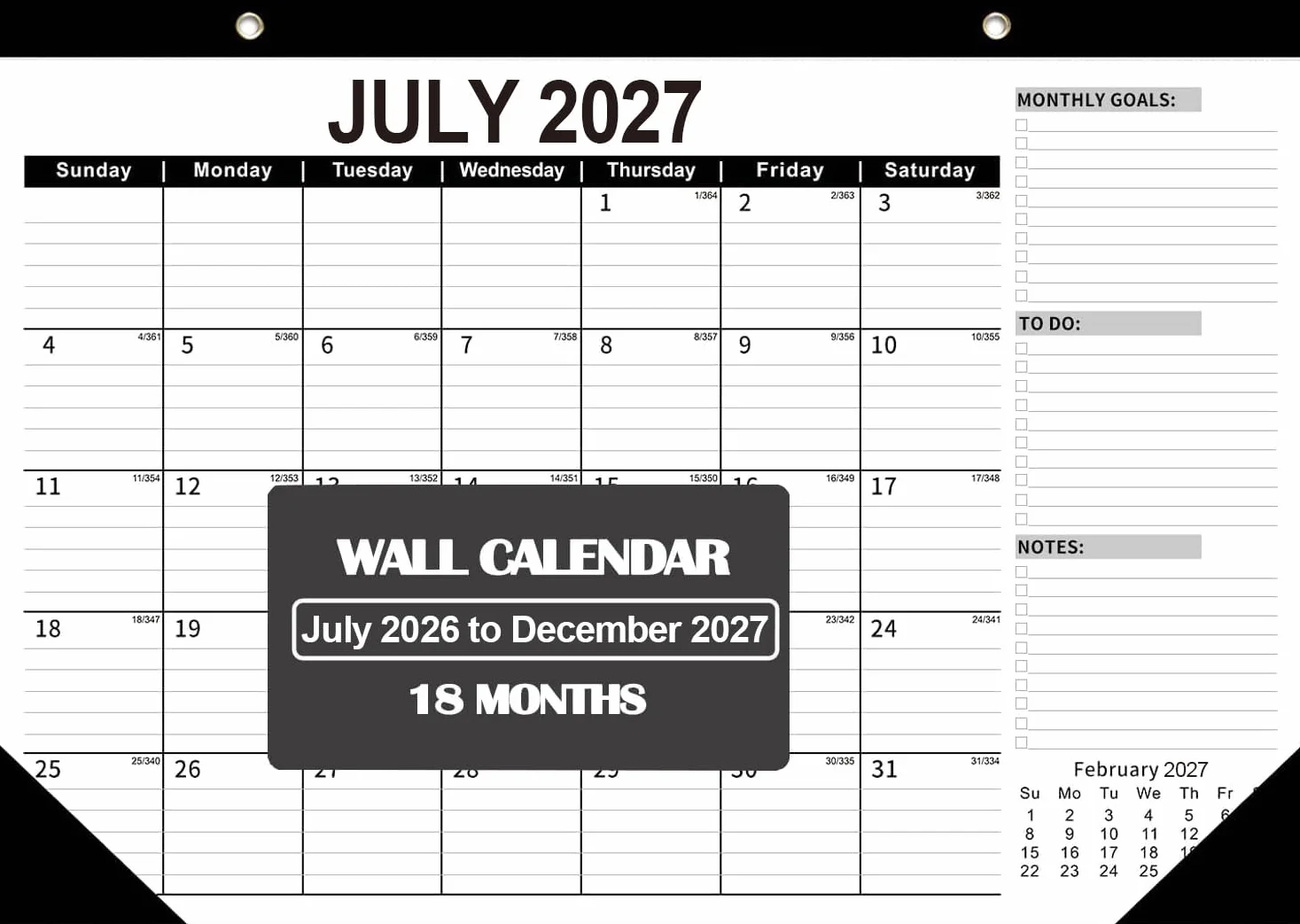 Grande calendario da parete 2026-2027 e planner da scrivania, 55 x 40 cm, da gennaio 2026 a giugno 2027, per la pianificazione di casa e ufficio (nero)