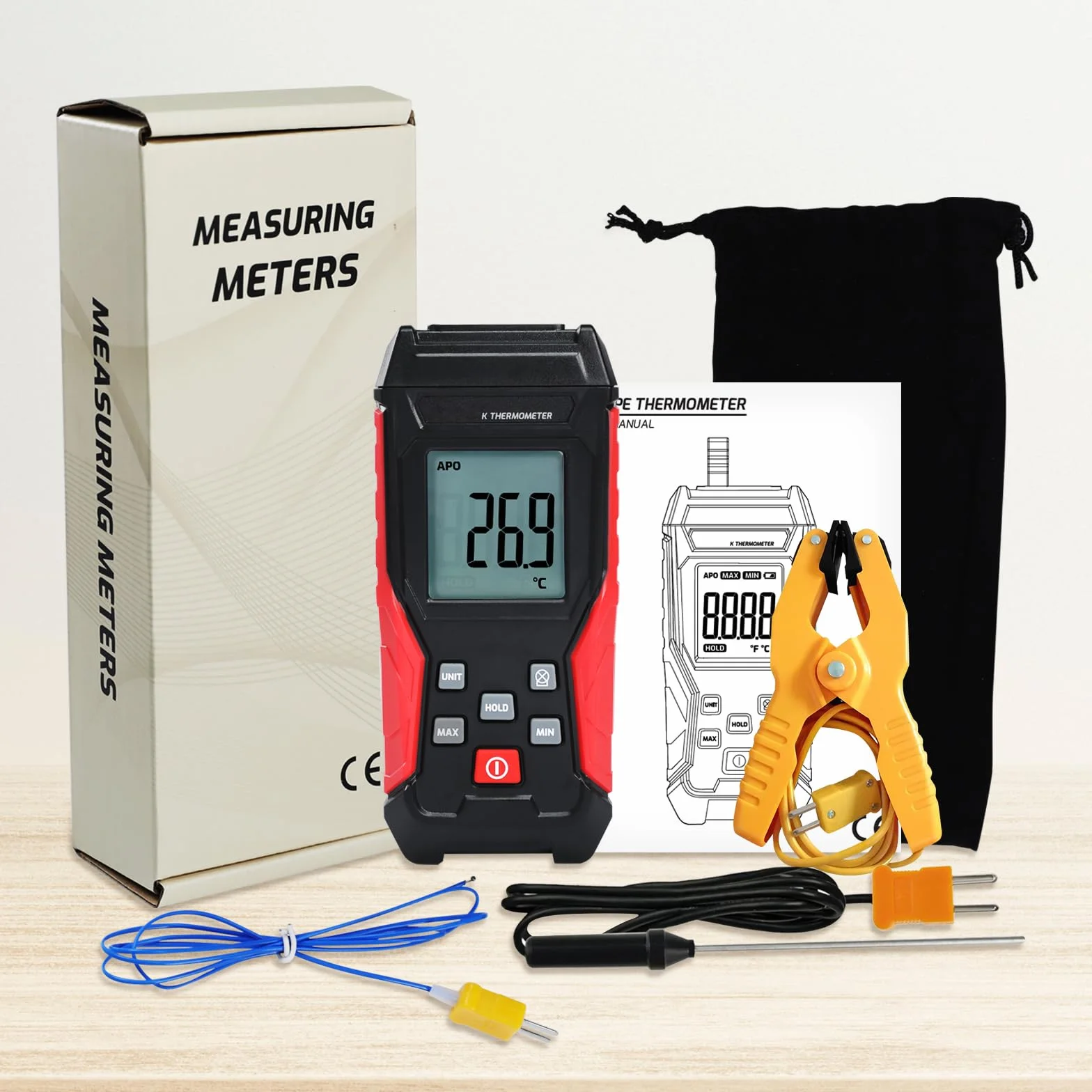 Termometro digitale tipo K 2 sonde termocoppia 2 pinze temperatura industriale monocanale -328°F a 2500°F display LCD retroilluminato Max/Min mantenimento dati