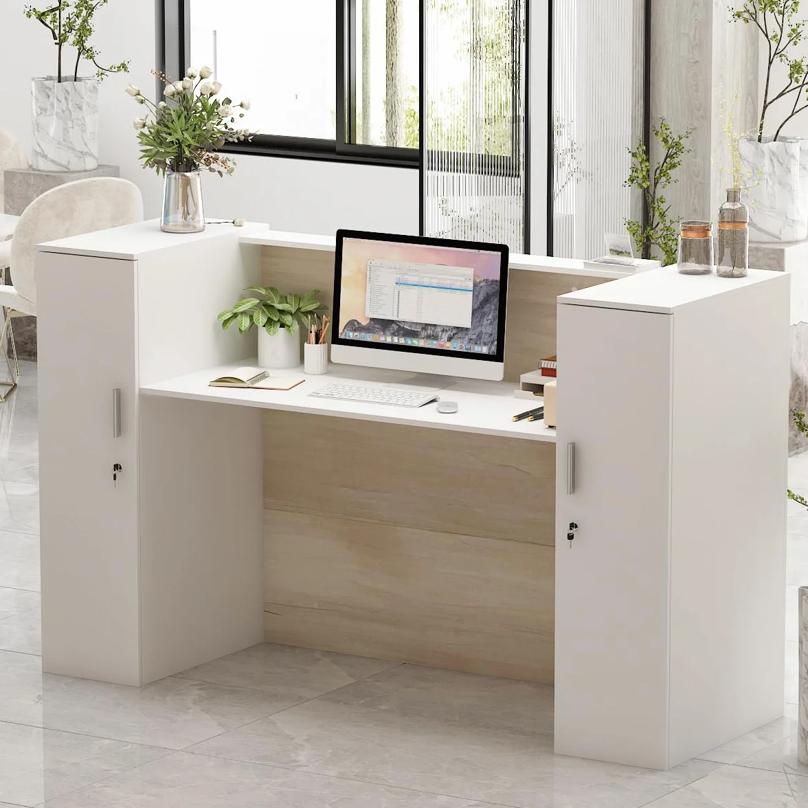 Banco reception, banconi per reception grandi, reception tavolo bancone con ripiani regolabili, banco reception ufficio bancone, colore legno e bianco, 180 X 60 X 110 cm, MDF