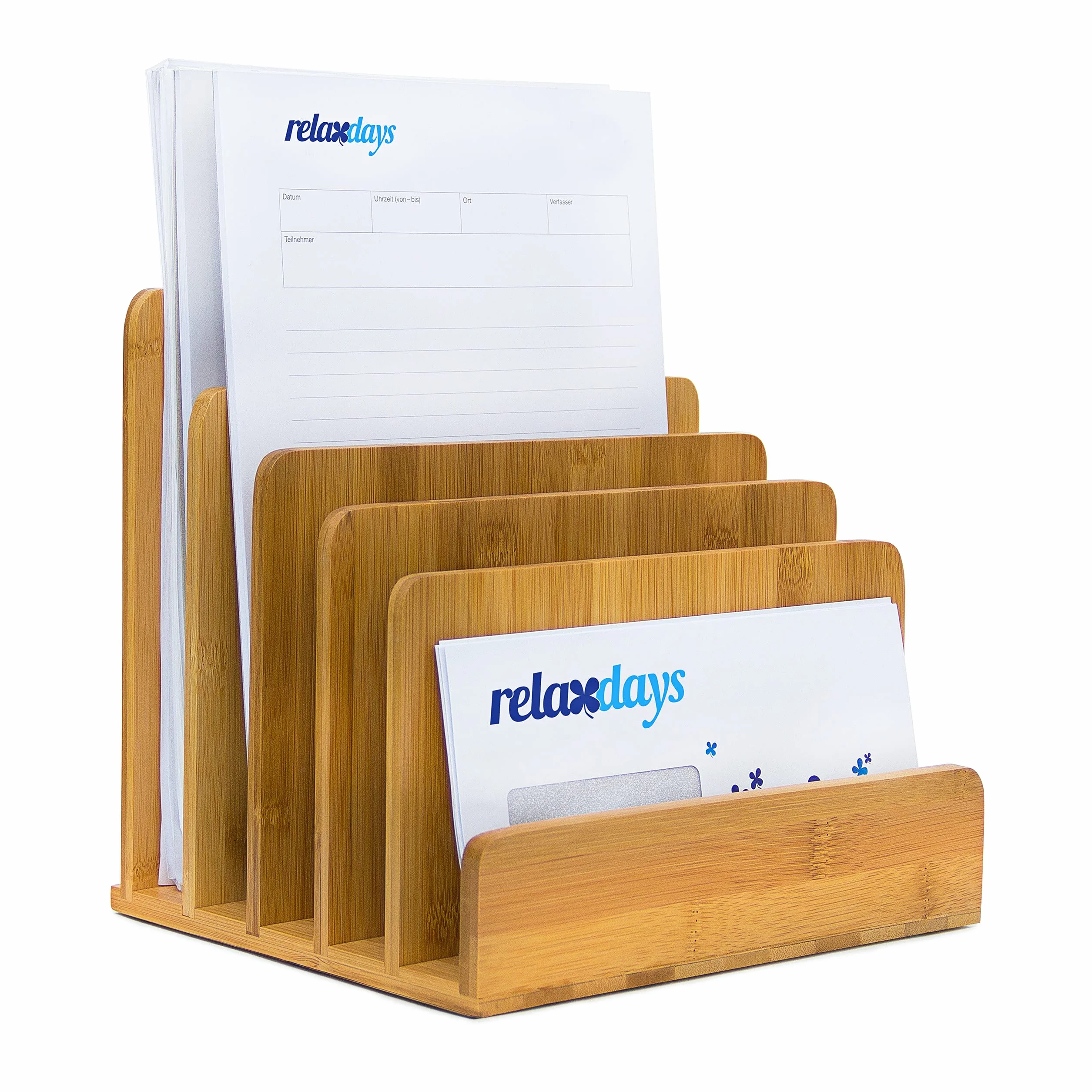 Relaxdays Portalettere da Tavolo in bambù, Organizer Portadocumenti da Scrivania, 5 Scomparti, Porta Lettere, Naturale