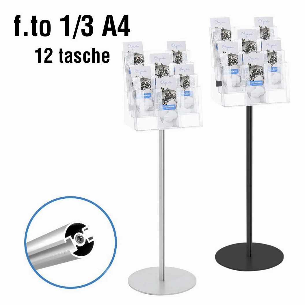 Danieli - Porta Depliant da Terra in Acrilico Trasparente 1/3 A4 con 12 tasche, per Riviste e Brochure. Porta Volantini Resistente da Utilizzare come Espositore per Ufficio, Negozi. (Alluminio Nero)
