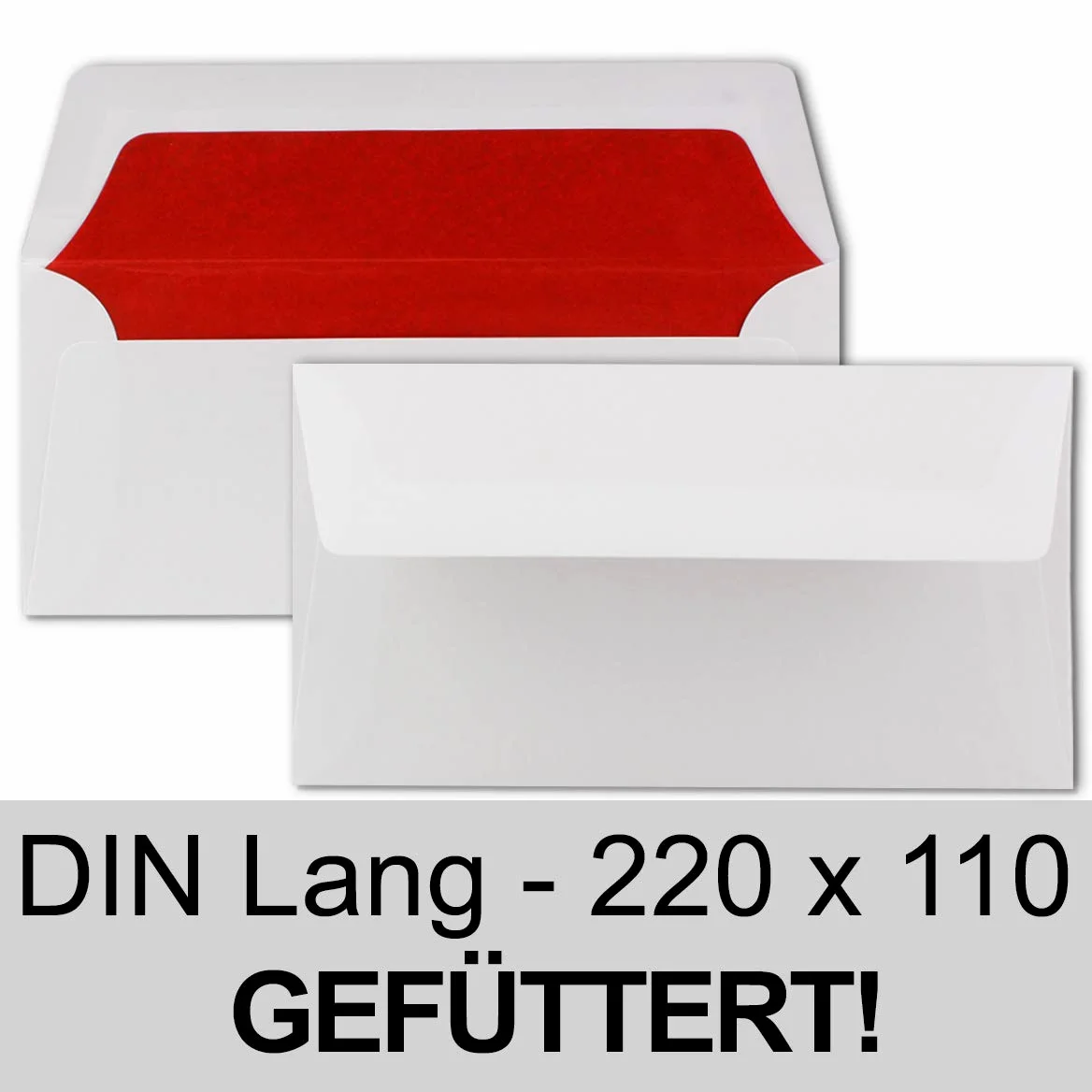 Buste bianche – DIN lungo – Foderate con carta velina rossa – 100 g/m2 – 220 X 110 mm – Adesivo umido 200 Stück rot