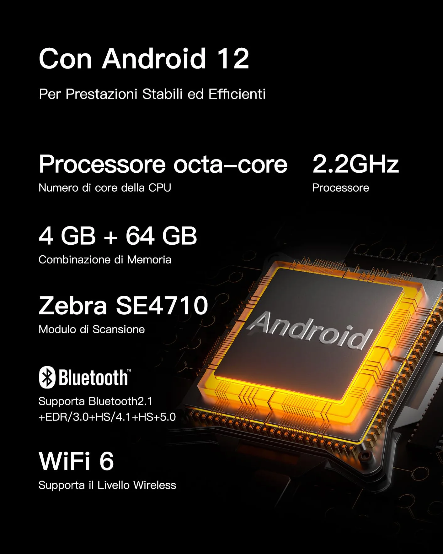 Inateck Android 12 Scanner di Codici a Barre PDA, Schermo Touch 6", Lettore 1D/2D con Impugnatura, Bluetooth, IP66 6500mAh, Wi-Fi 6 e 4G, per Commercio, Magazzino, Logistica, Sanità
