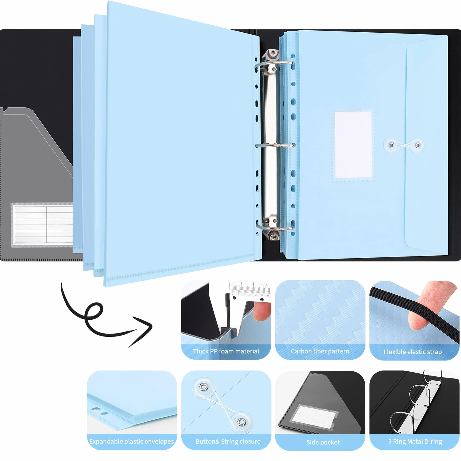 Uquelic Raccoglitore ad anelli, formato A4, con 10 tasche espandibili in plastica, con etichette, grande organizer per documenti per casa, ufficio, blu