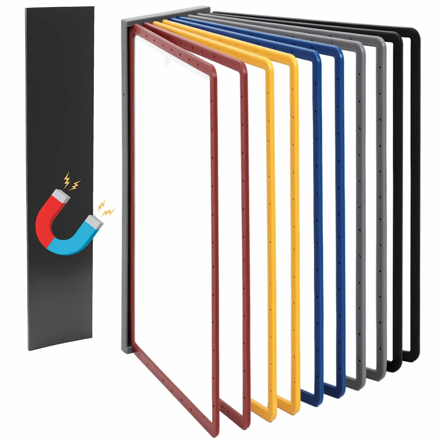 QWORK® Porta documenti da parete magnetico, 10 pannelli A4 neri, con piastra magnetica e viti per 2 metodi di installazione