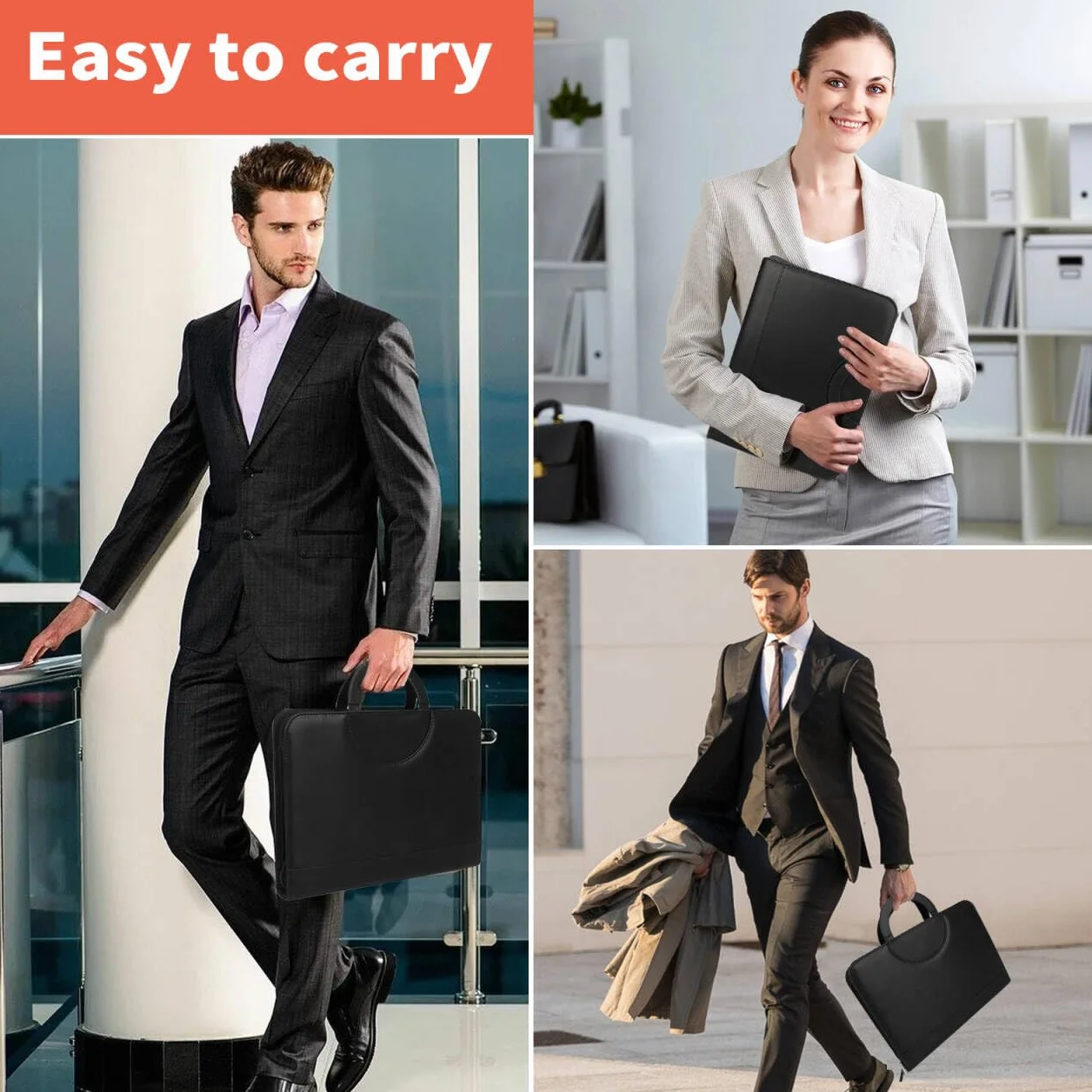 Cartella Portadocumenti A4 Zipper in Pelle con Manici Magnetici Pieghevoli, 2 Scomparti, Supporto Tablet, Nero