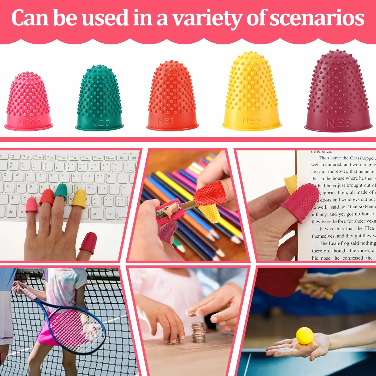 Protezioni per dita in silicone riutilizzabili, 5 misure e colori, per contare denaro e scrivere