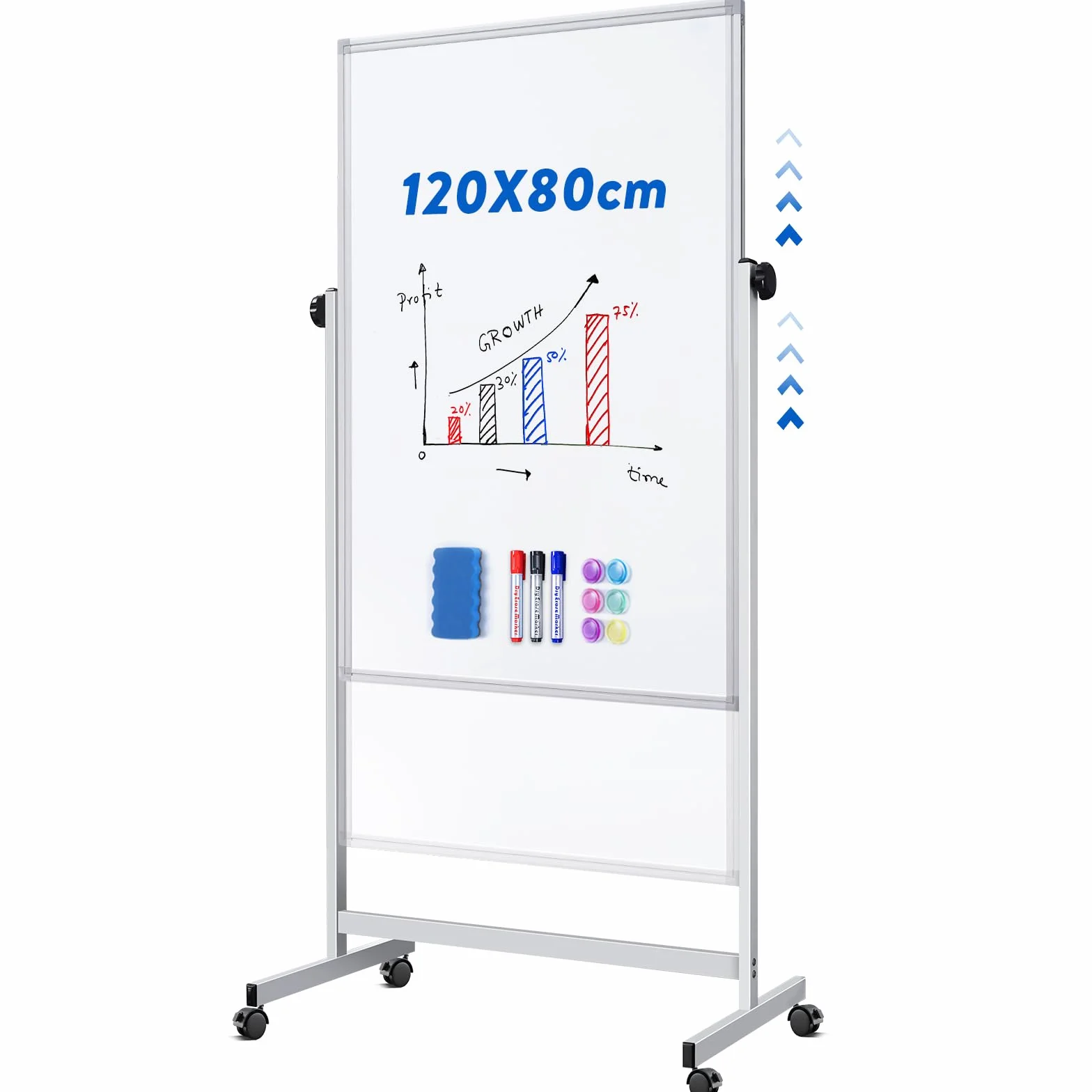 maxtek Lavagna mobile regolabile in altezza, 120 x 80 cm, lavagna magnetica su entrambi i lati con supporto, lavagnetta a secco, per ufficio, classe e casa