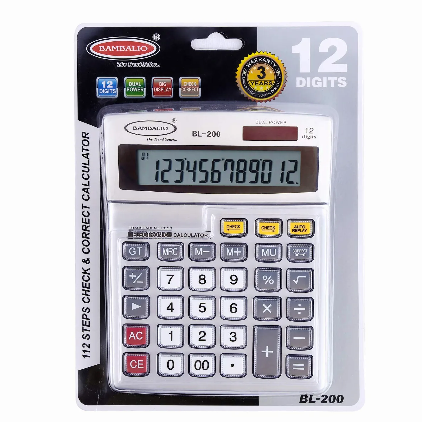 Bambalio Calcolatrice elettronica a 12 cifre BL-200 con grande display con 3 anni di garanzia.