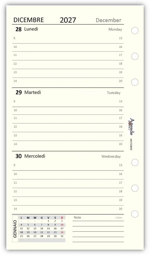 Ricambio Agenda Organizer Settimanale 2027, Bilingue, 9,5x17cm, 90gr, Avorio