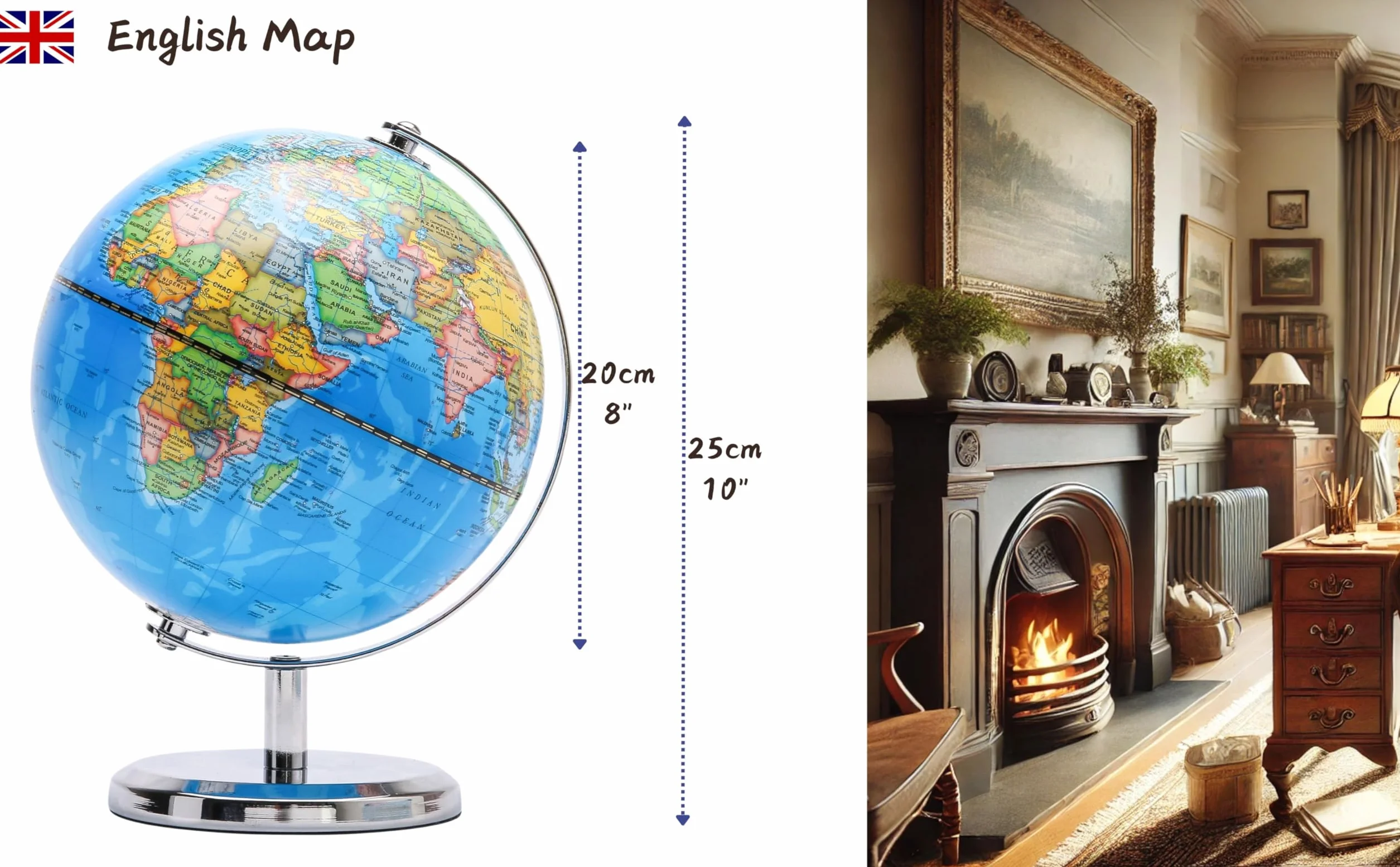 Exerz 20cm Mappamondo - Mappa Inglese - Con Base In Metallo Globo Della Scuola Decorazione/Educazione/Geografica/Moderna - Mappa politica - Diametro 20cm - Blu