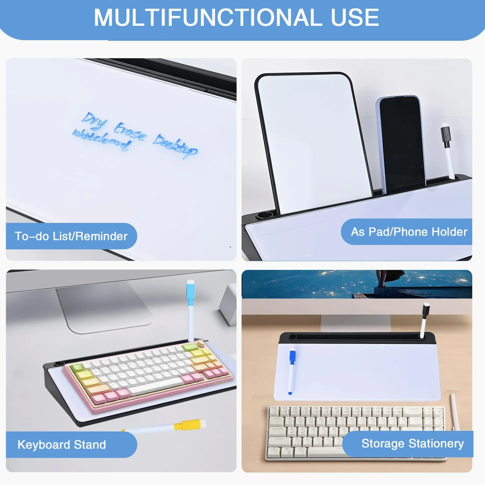 Hivexagon Lavagna bianca da scrivania con 4 scomparti, scomparto per telefono/tablet, lavagna magnetica e accessori