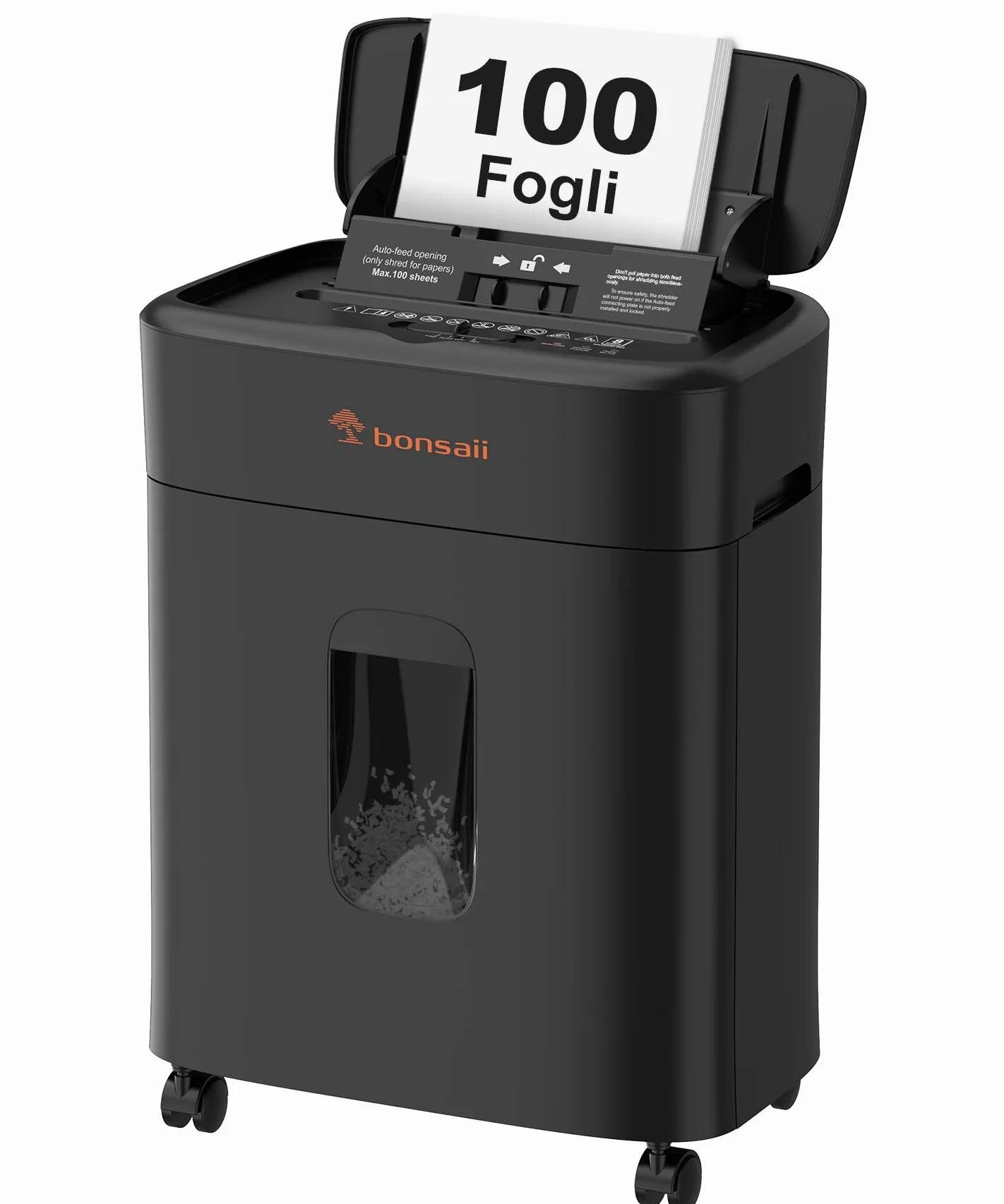 Bonsaii Distruggidocumenti, taglio micro-particellare P4, alimentazione automatica fino a 100 fogli, sistema anti-intasamento, 30 min continuo, contenitore da 16L – Per ufficio e casa, C231-D