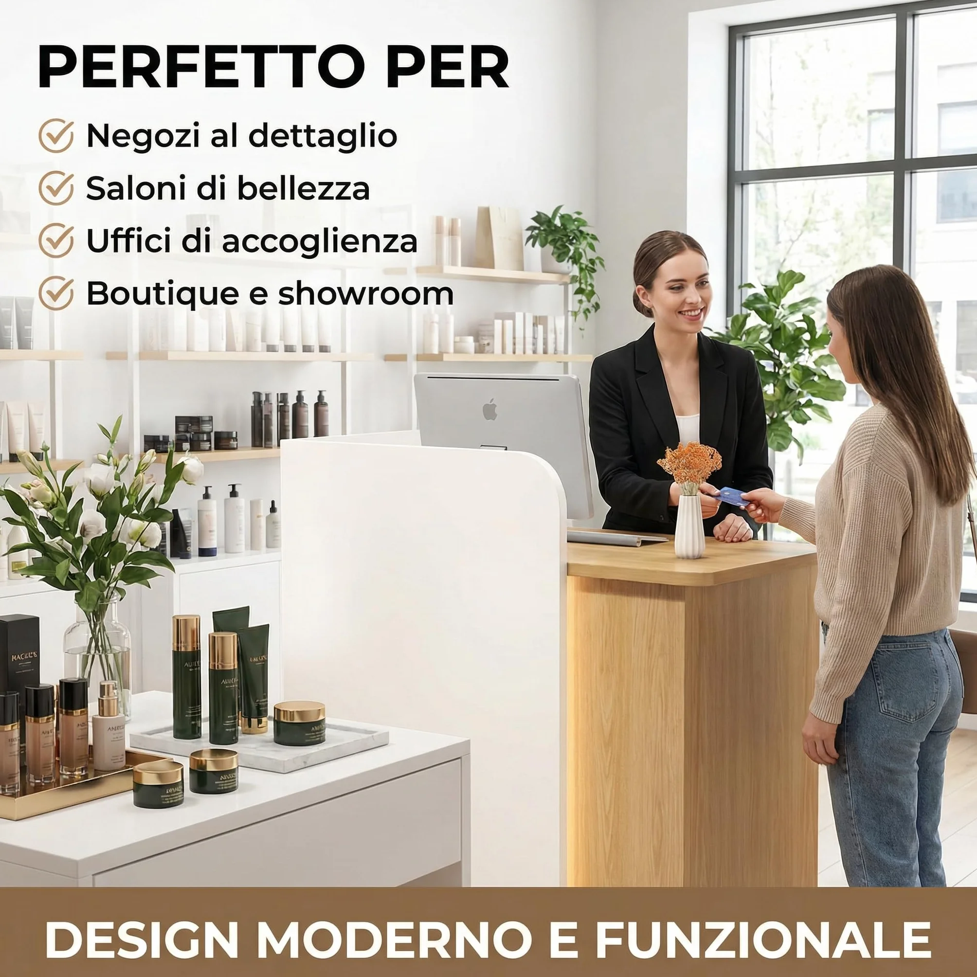 Bancone cassa piccolo e moderno Dotato di luci LED Cassetti con serratura per garantire la sicurezza degli oggetti di valore Ideale per negozi, centri estetici e parrucchieri.Color bianco 95*45*100/14