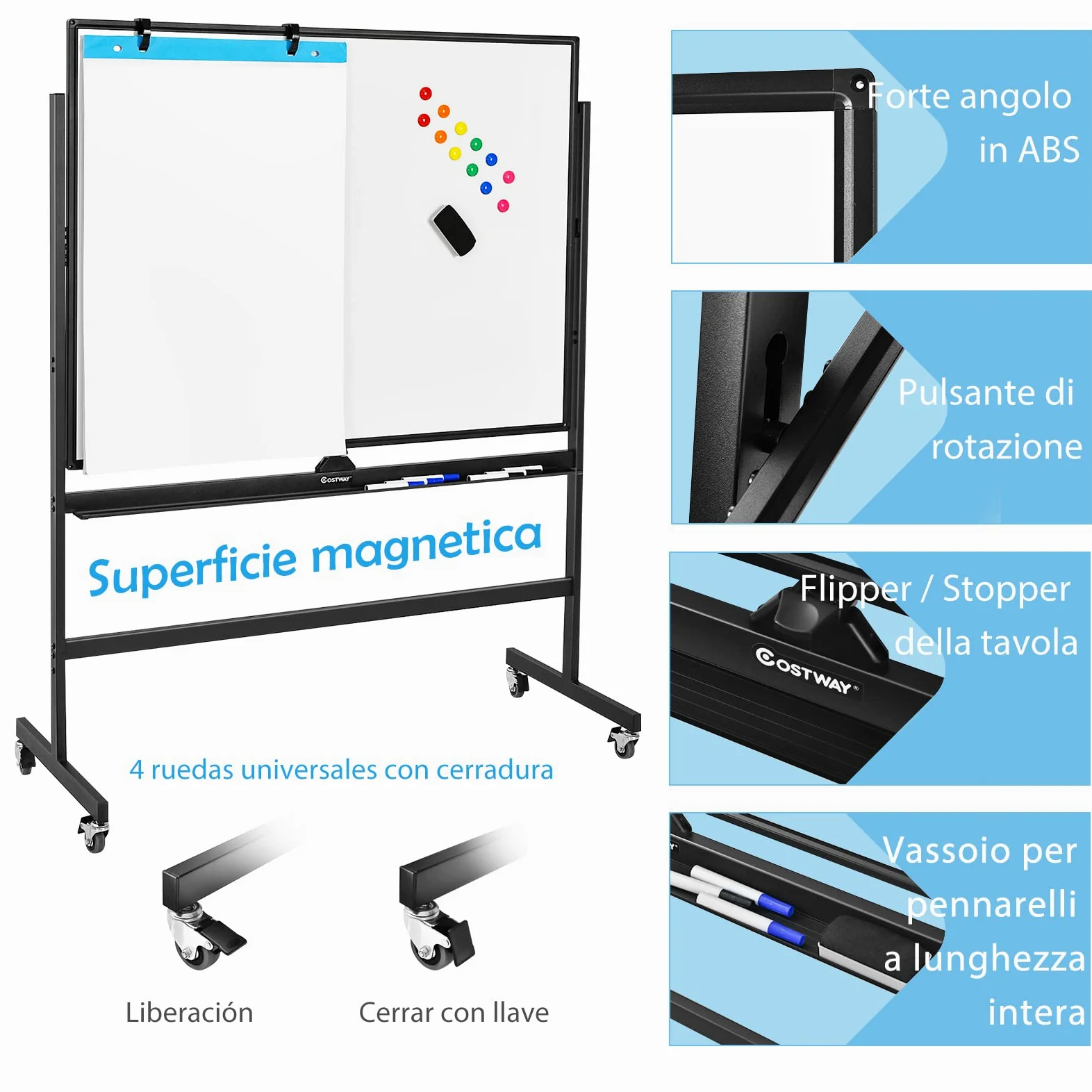 COSTWAY Lavagna Bianca Magnetica Mobile, Lavagna Cancellabile con Altezza Regolabile Girevole a 360°, con 4 Ruote Bloccabili, Doppia Faccia, 90 x 120 cm
